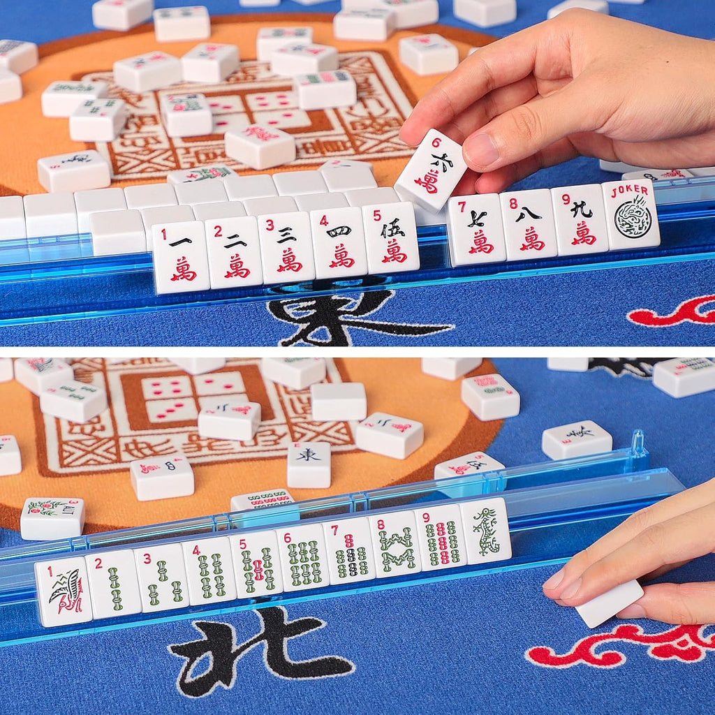 American Mahjong Game Set, 166 Quality White Tiles, 4 All-in-One Color Rack/Pushers, Mahjong Tile Set with Light Blue Printed Carrying Bag