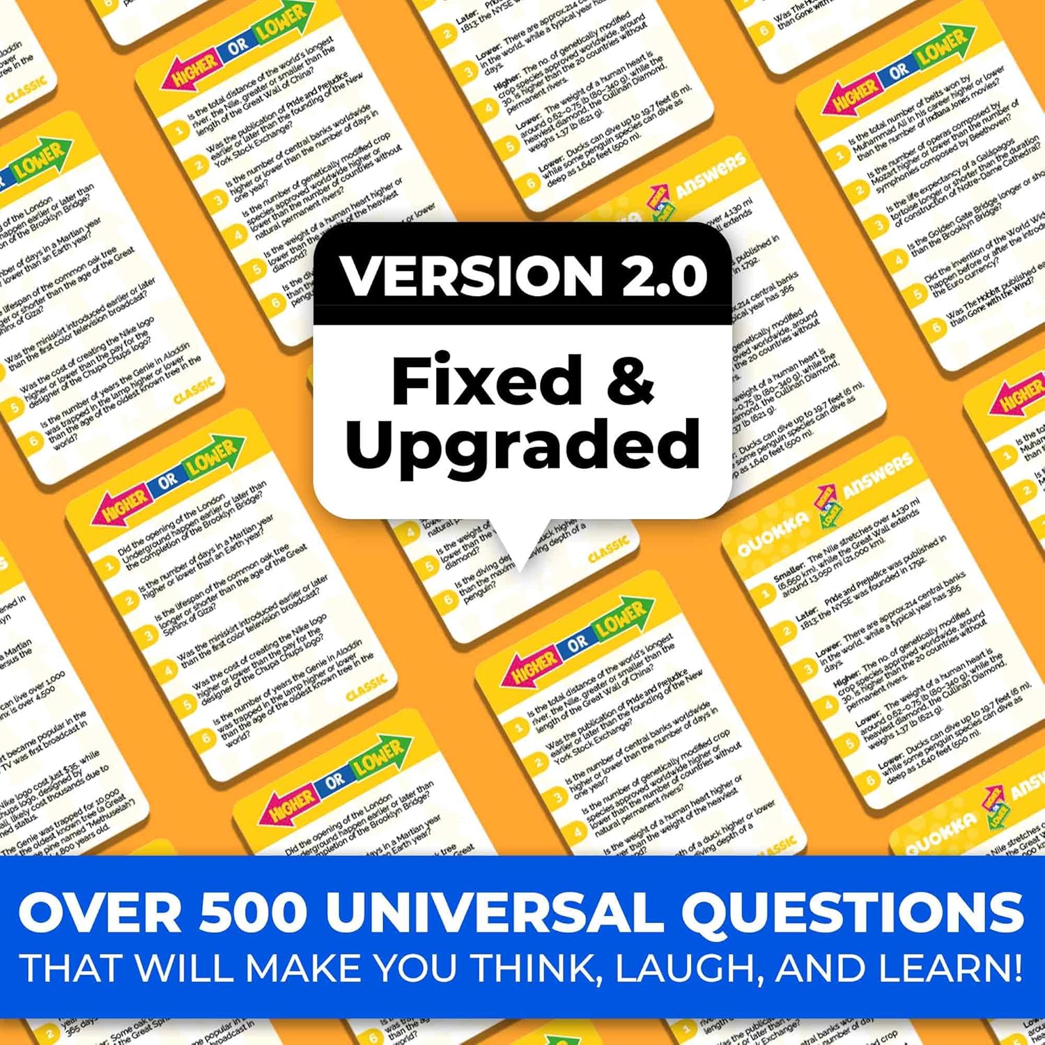 QUOKKA Trivia Board Games for Kids and Adults - Version V2.0 - Family Night Board Game 4xSet Higher or Lower Trivia Cards | Guess Fun Questions | 2 + Players - Challenge Your General Knowledge