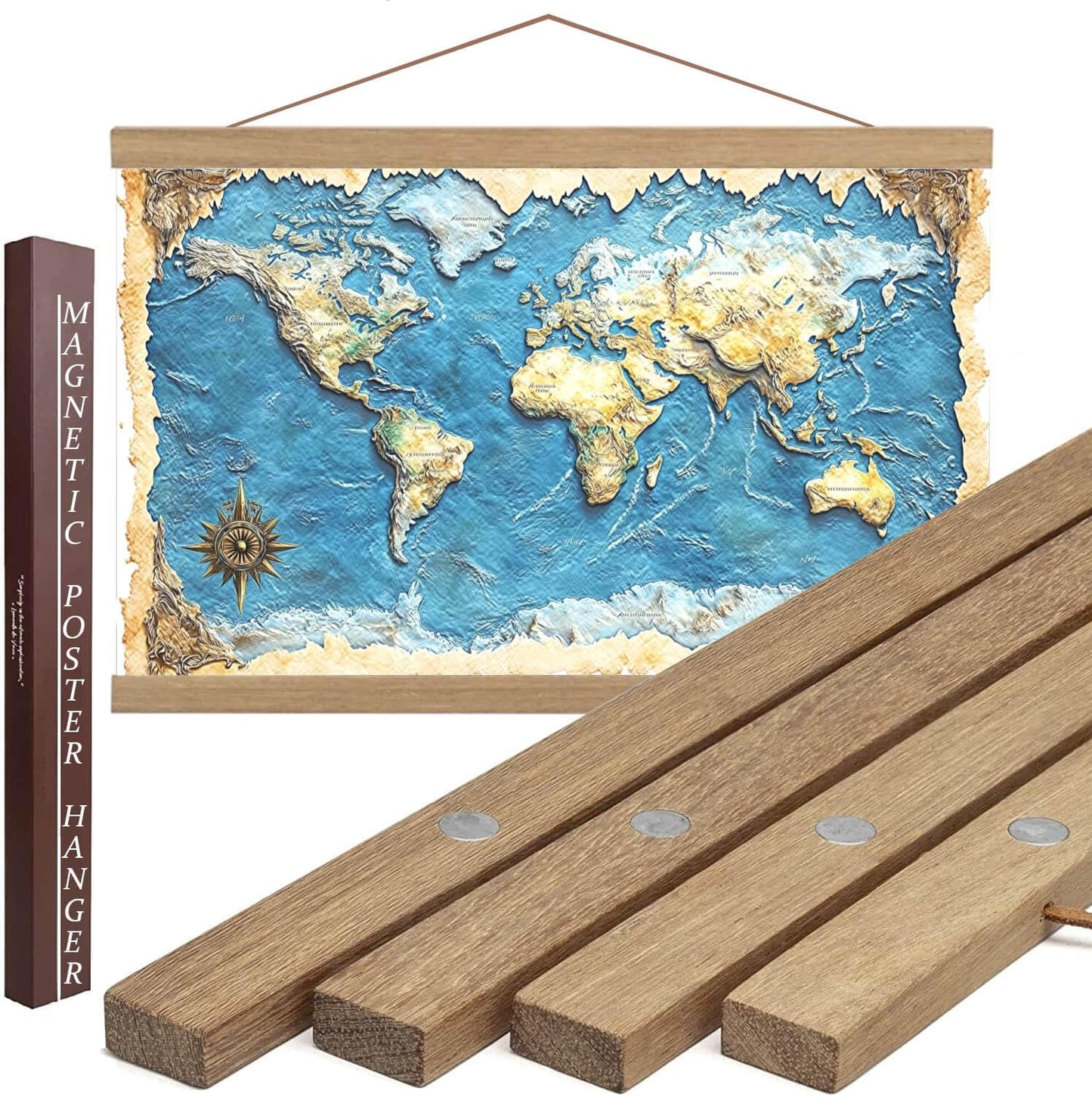 DACRI HOME 52" Magnetic Poster Hanger Frame - Sturdy Teak Wood Poster Frame 52x20 52x32 52x36, Strong Magnets for Easy Hanging Map Picture Canvas Print Scroll Wall Art (52 Inch, Natural Wood)