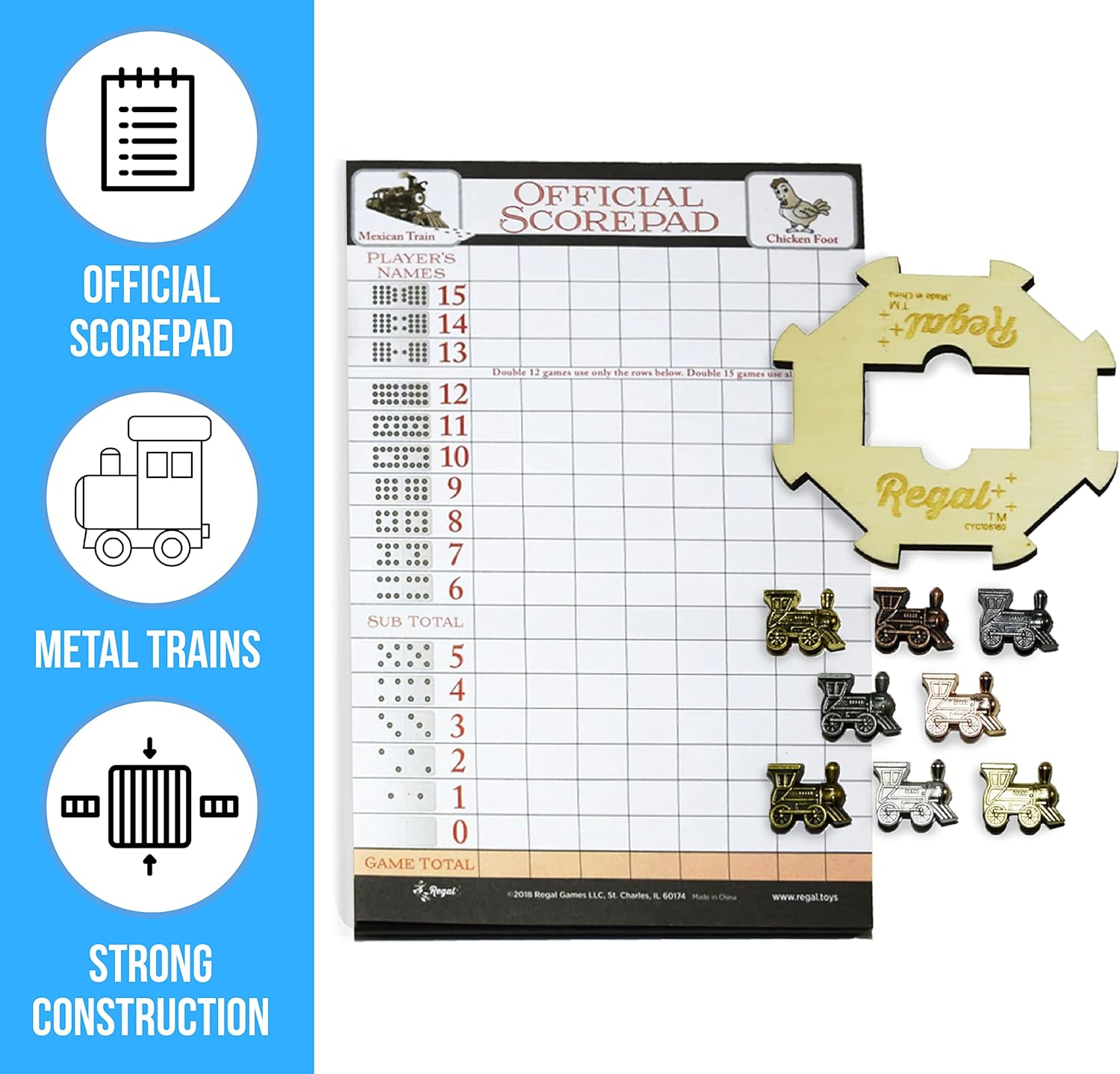 Regal Games Mexican Train Domino Expansion Set - 8 Metal Marker Trains with Unique Finishes - Replacement Wooden Hub - Scoresheet