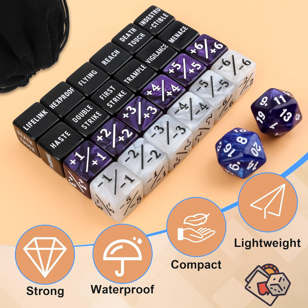 50PCS MTG Dice Counters, 24PCS Abilities Keywords/ 24P -1/+1 Buff Tokens/ 2P D20 Cube Dices/Storage Bag, MTG Counters for TCG Card Games