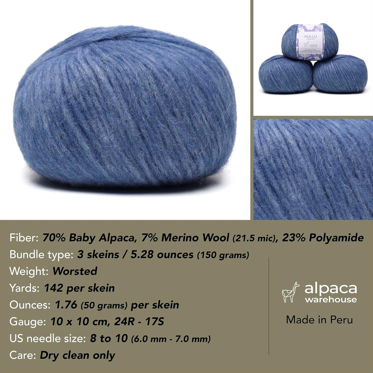 Pullu - Baby Alpaca Merino Wool Yarn Set of 3 Skeins (150 Grams) Worsted Weight - Sourced Directly from Peru - Heavenly Soft and Perfect for Knitting and Crocheting (Denim Blue)