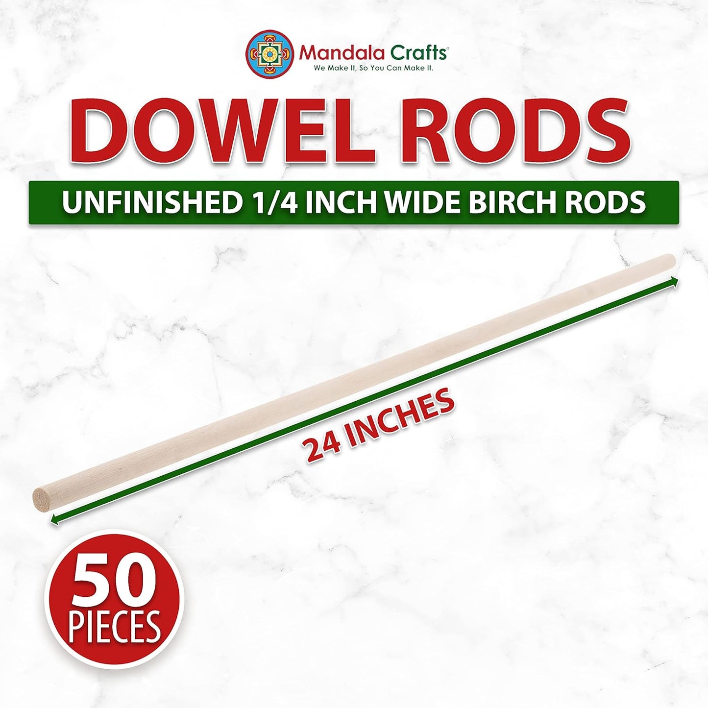 Mandala Crafts Wood Sticks Wooden Dowel Rods 24 Inches Wooden Sticks for Crafts Sticks Macrame Dowels - 50 Unfinished Wood Dowels 1/4 Inch Cake Dowels for Tiered Cakes