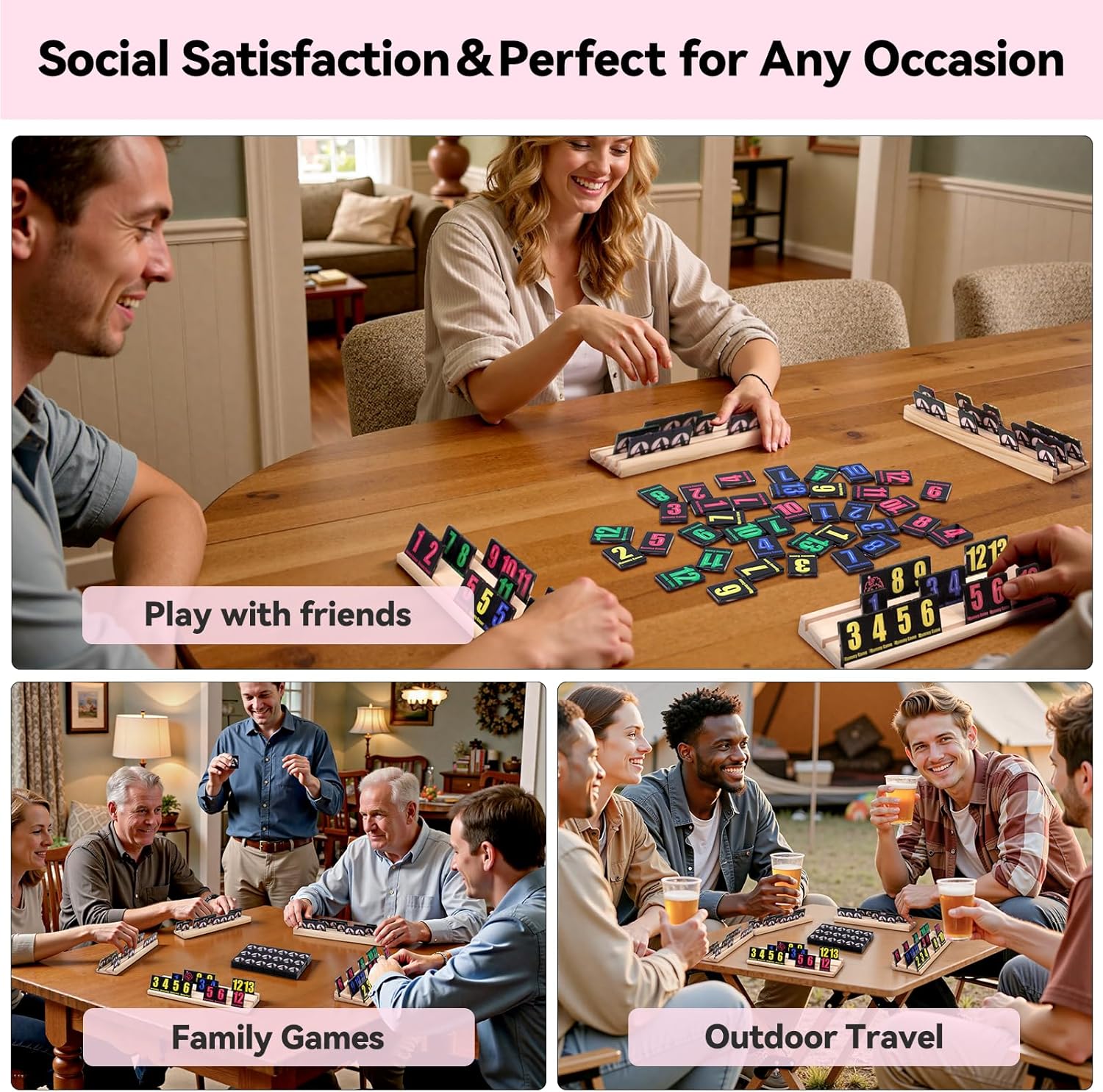 Rummy Cube 6 Player Edition with 6 Wooden Racks 160 Acrylic Tiles (1.5'') Rummy Game with Bag 6 Player Travel Size Rummy Game Large Number Rummy Tiles Game Set for Family Classic Board Games (Black)