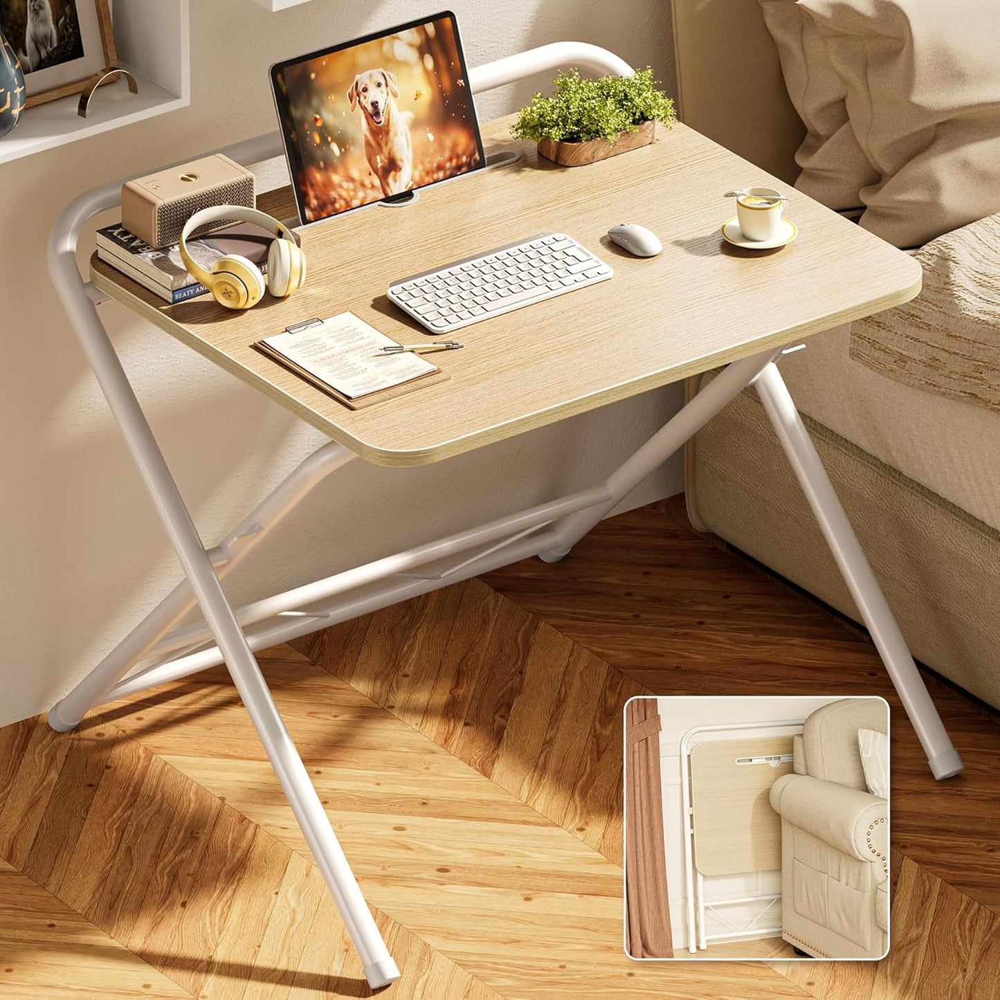 Huuger Folding Desk with 3-Level Adjustable Height and Tablet Slot, 24 Inch Foldable Computer Desk for Small Spaces, Space Saving, Writing Work Table for Home Office, Bedroom, Study, Oak