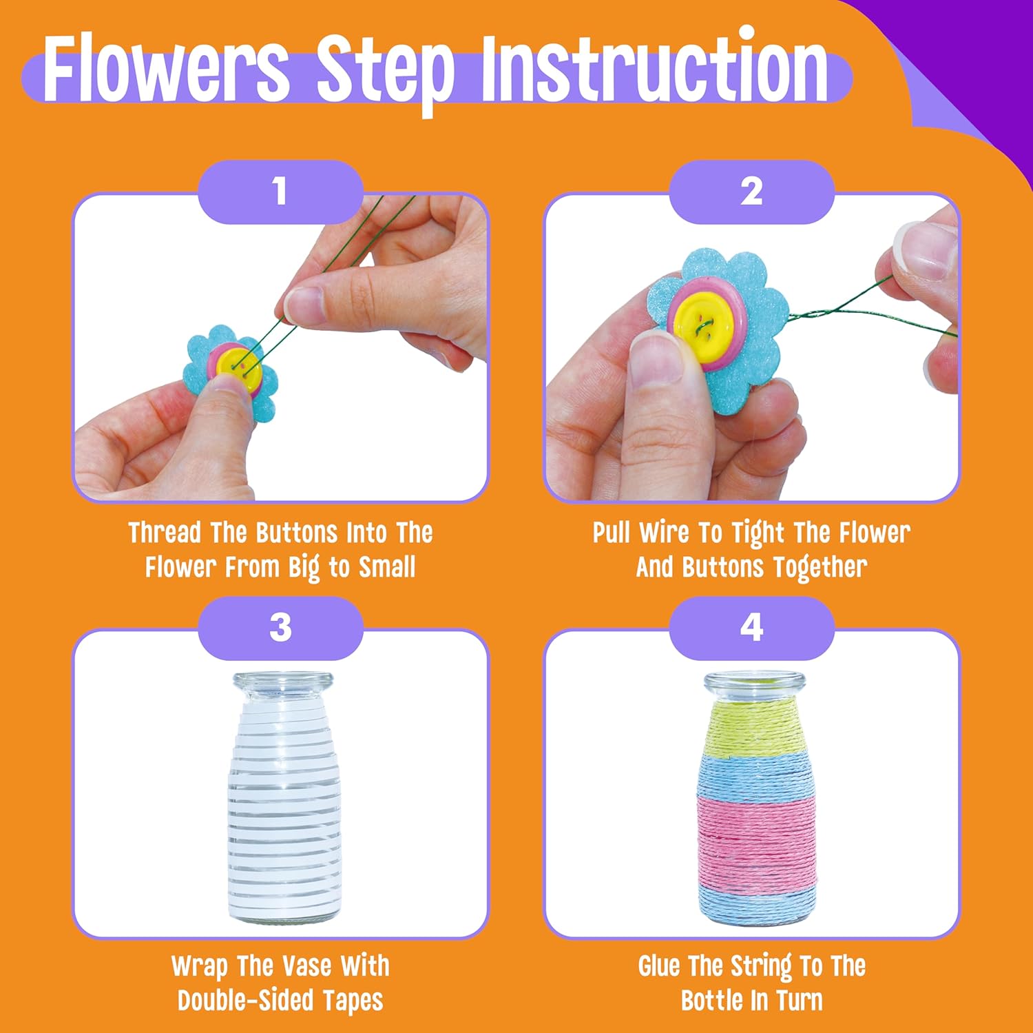 SpriteGru Flower Craft Kit for Kids, Make Your Own Flower Bouquet with Buttons and Colorful Petals, Art Vase and Craft DIY Activity Gift for Boys & Girls Age 4 5 6 7 8 9 10 Year Old (2 Glass Vase)