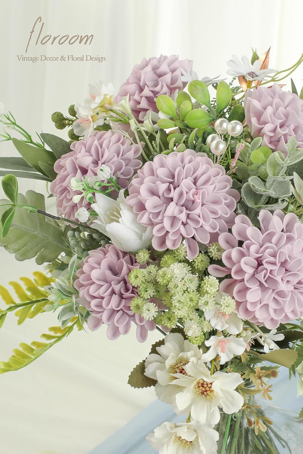 Floroom Artificial Dahlia Flowers 25pcs Real Looking Pale Lavender Foam Fake Roses with Stems for DIY Wedding Bouquets White Bridal Shower Centerpieces Floral Arrangements Party Tables Home Decoration