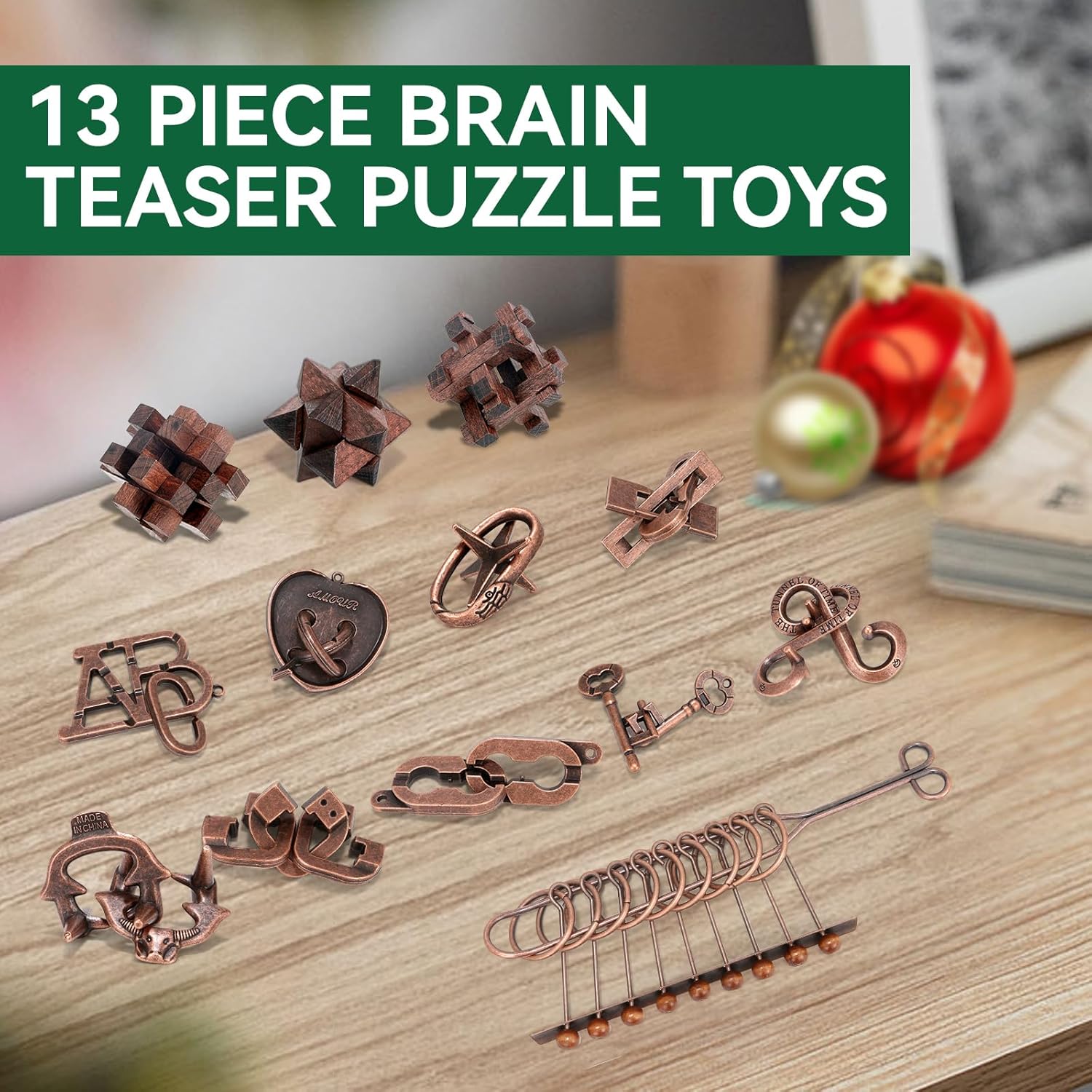13 Pcs Brain Teaser Puzzles for Adults Teens - Metal Puzzles 3D Puzzle Game Toys for Adults Teens - Wooden Unlock Interlocking Puzzle Adult IQ Education Smart Toys