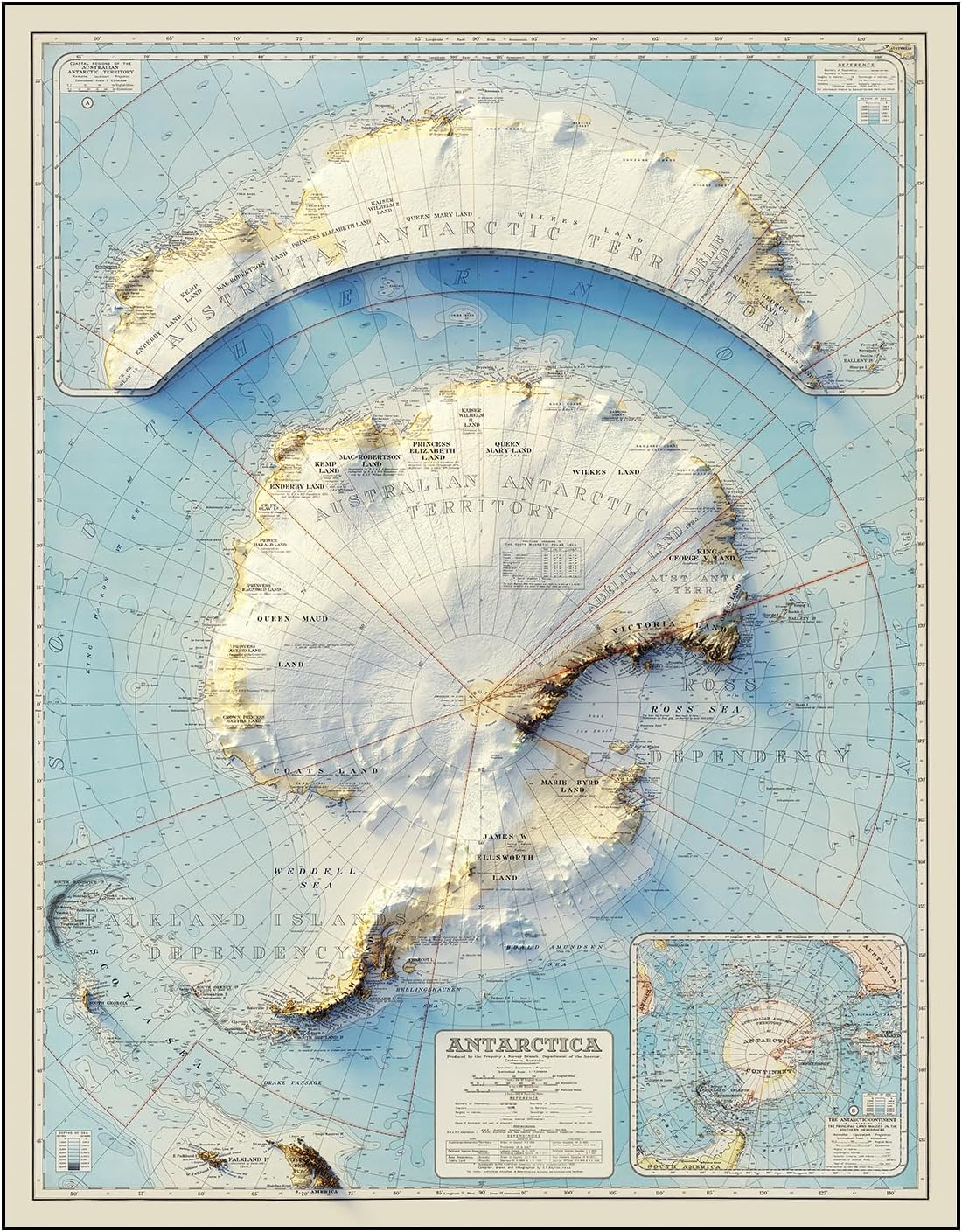 Muir Way Shaded Relief Elevation Map of Antarctica - Vintage-Style Topographic Wall Art with Map Look - Unframed Flat Paper Print, 20x26
