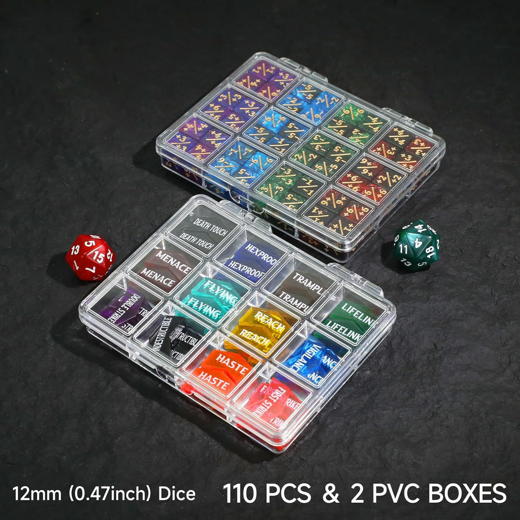 110PCS MTG Tokens & 12mm Life Counter Dice Set for Magic The Gathering with Box, Bulk Ability MTG Tokens D20 Loyalty 6 Sided Dice, Compatible with TCG CCG Magic Card Gaming Accessories