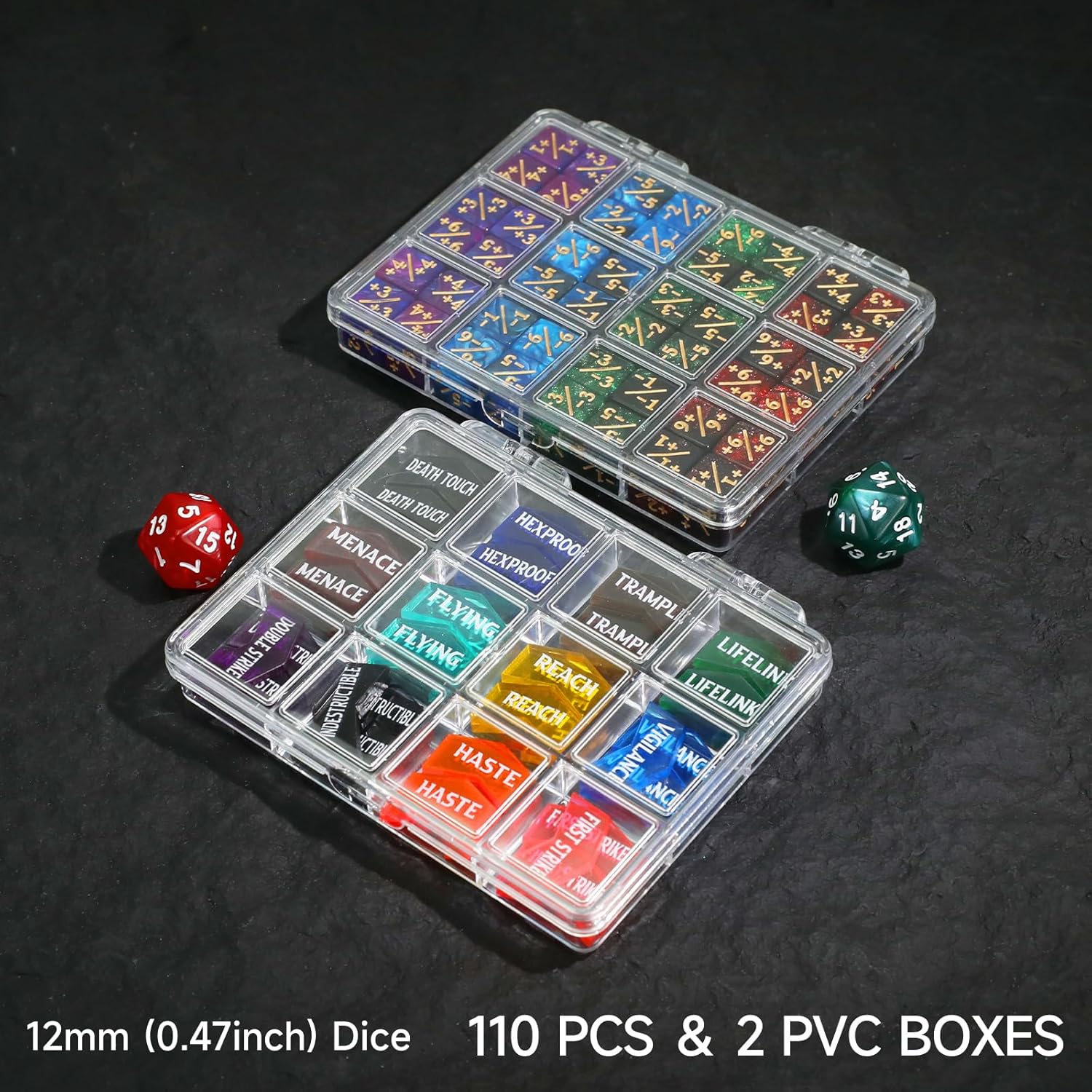 110PCS MTG Tokens & 12mm Life Counter Dice Set for Magic The Gathering with Box, Bulk Ability MTG Tokens D20 Loyalty 6 Sided Dice, Compatible with TCG CCG Magic Card Gaming Accessories