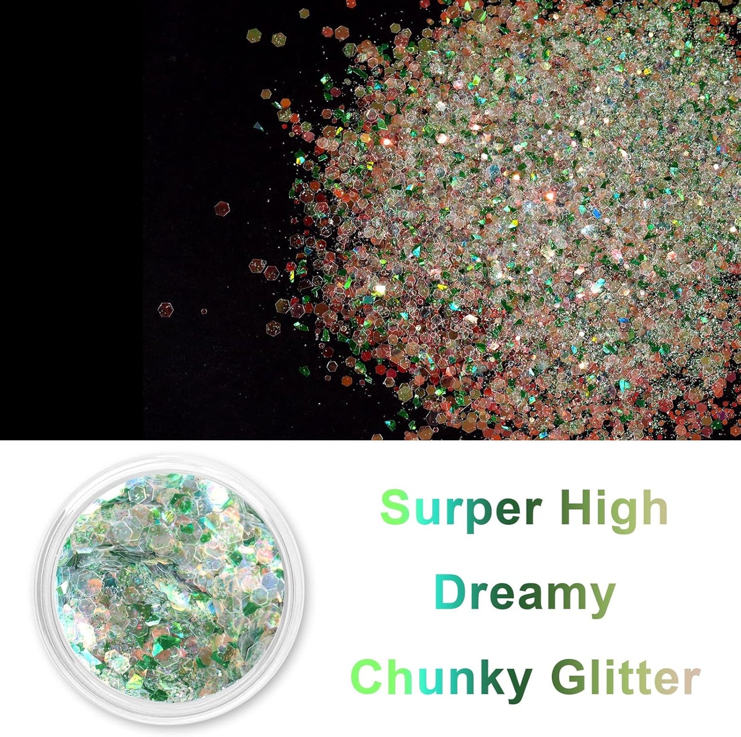 Renfio Opal Chunky Glitter, 1.75oz/50g Green Glitter, Dreamy High Sparkle Glitter for Crafts Holographic Fine Glitter Mix Iridescent Glitters Flake for Resin Nails Art Hair DIY Snow - Green Pinery