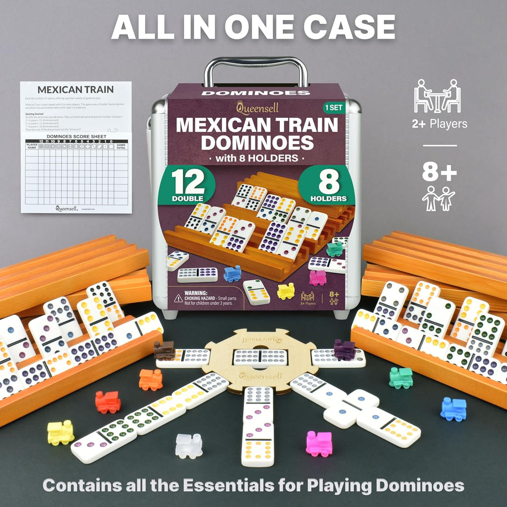 Queensell Dominoes Double 12 with 8 Holders + Wooden Hub + Score Pad + Metal Trains