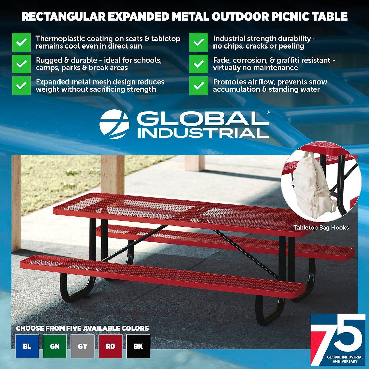Global Industrial 6’L Rectangular Picnic Table, Expanded Metal, Blue Thermoplastic Coating, Attached Benches, 1-1/2” Umbrella Pole Hole, Outdoor-Rated, 1000 lb Capacity, 72” x 30” Tabletop