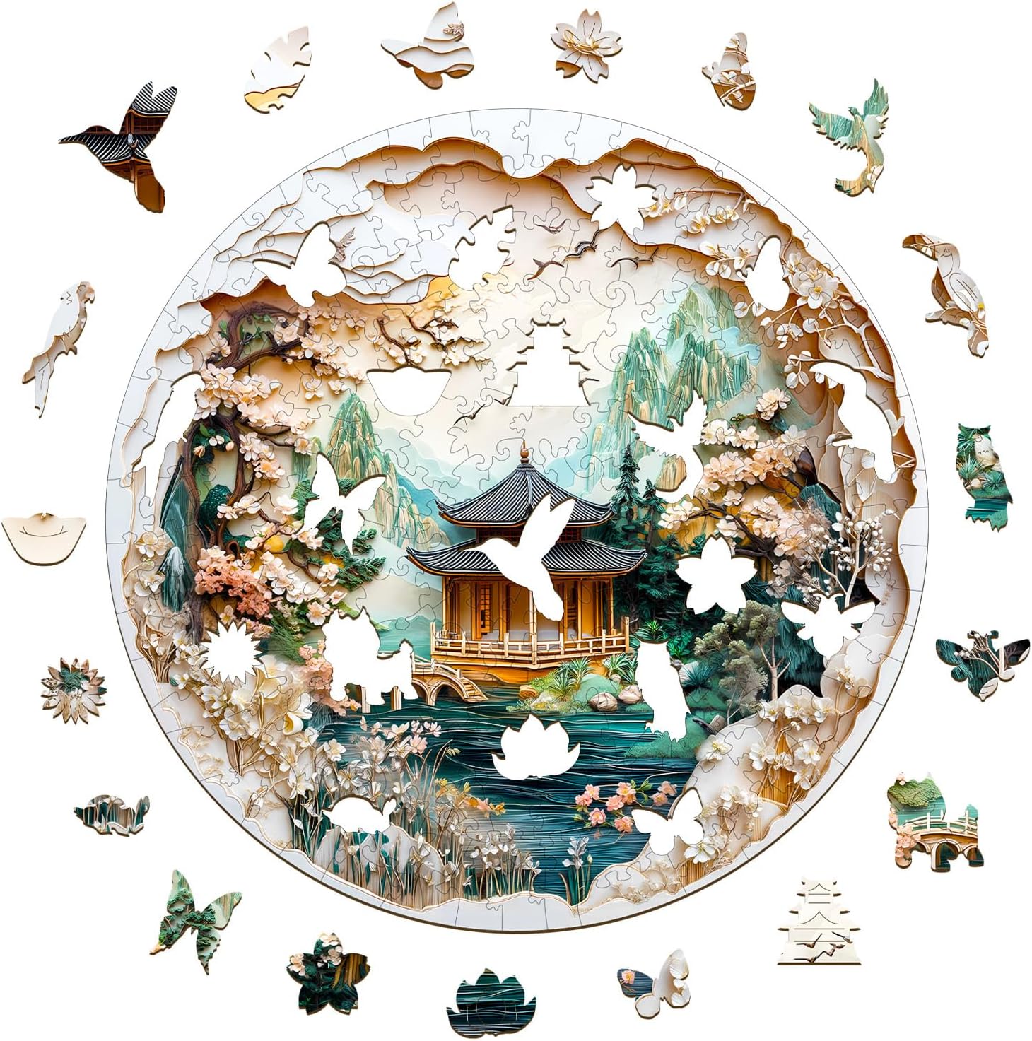 KAAYEE Wooden Puzzles for Adults, Chinese Landscape Painting Wooden Jigsaw Puzzle, 450 PCS Unique Shape Wood Puzzle Adult, 3D Visual Effect Flat Puzzle Birthday Family Games (XL-17.3 * 17.3in)