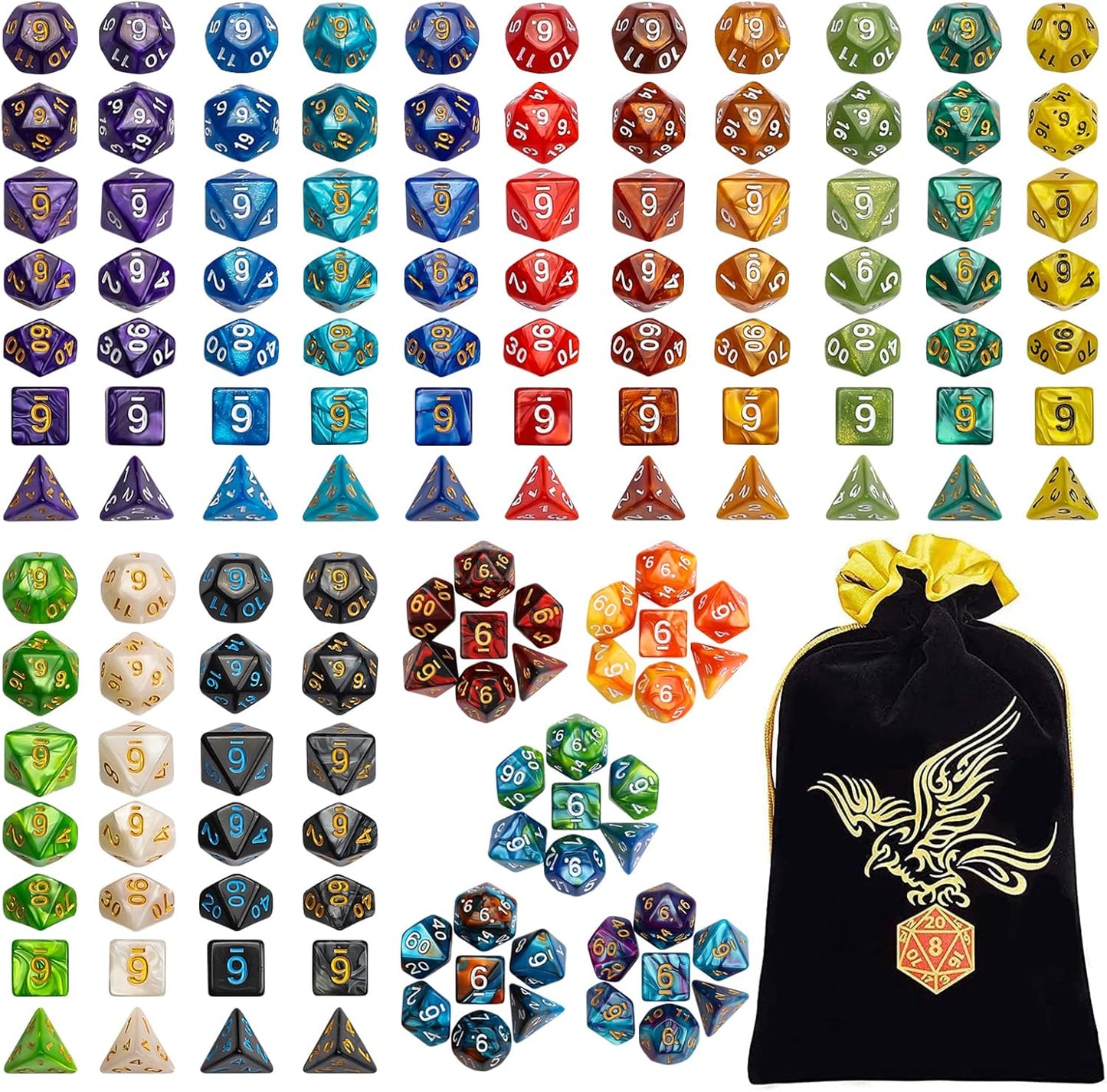 QMay DND Dice Set - 20x7 (140 Pieces) Polyhedral Dice, 20 Colors D&D Dice for Dungeons and Dragons Tabletop Role-Playing Games with 1 Drawstring Bag