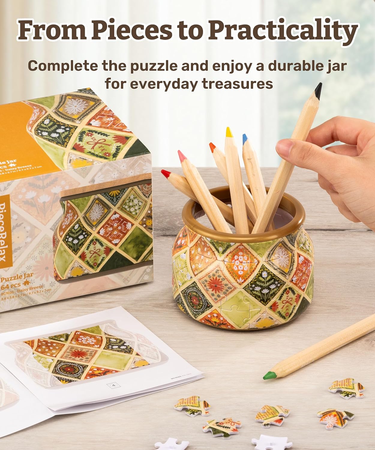 PieceRelax 3D Puzzle Jar 64 Plastic Pieces for Adults - Sweetness of Strawberry Wooden Lid Container for Kitchen Dining Study Living Room No Glue Requied Small [BC1026]