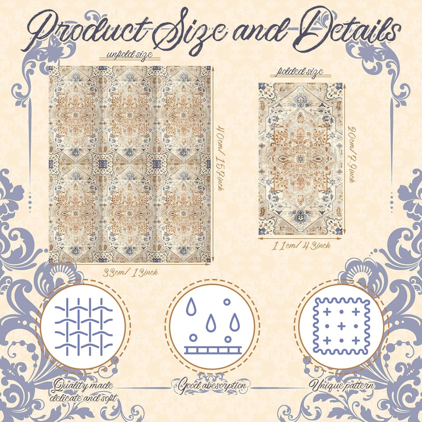Yeaqee 100 Pcs Vintage Boho Napkins Paper Guest Towels 2 Ply Decoupage Napkins Disposable Decorative Hand Towel for Bathroom Kitchen Fall Wedding Party Dinner(Orange and Cyan)