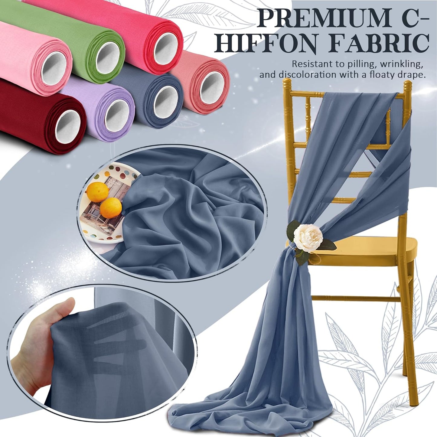 Horbaunal Dusty Blue Chiffon Fabric by The Yard, 5 Yard Continuous Sheer Fabric 59" Wide Soft Draping Fabric for Wedding Arch Draping Party Backdrop DIY Sewing