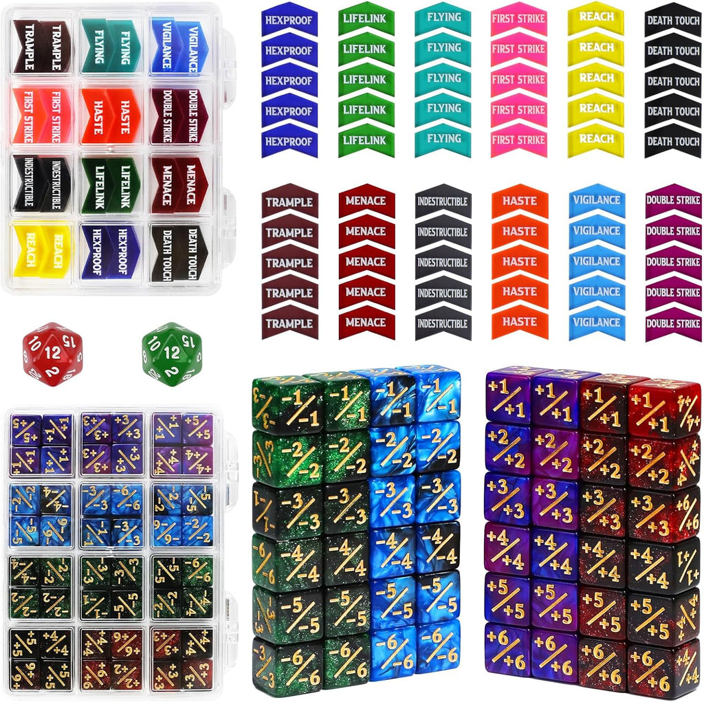 110PCS MTG Tokens & 12mm Life Counter Dice Set for Magic The Gathering with Box, Bulk Ability MTG Tokens D20 Loyalty 6 Sided Dice, Compatible with TCG CCG Magic Card Gaming Accessories