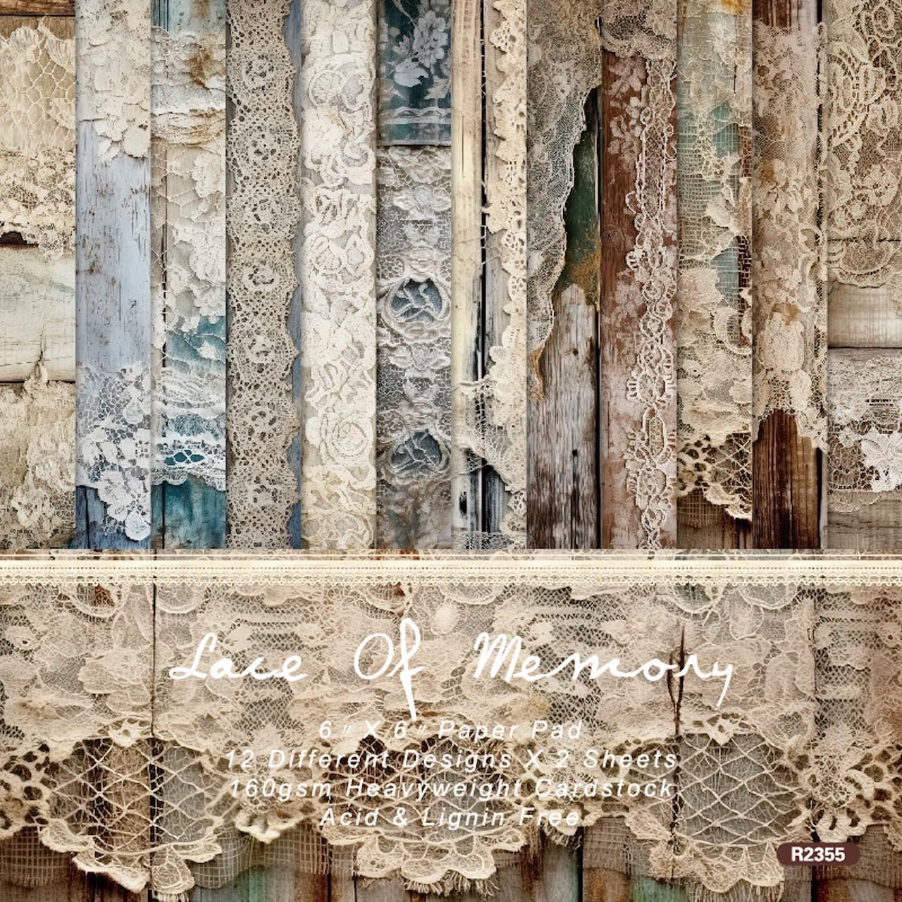 Vintage Lace & Wood Scrapbook Paper Pad 6x6, Single-Sided, 12 Designs, 24 Sheets, DIY Crafts, Scrapbooking Supplies