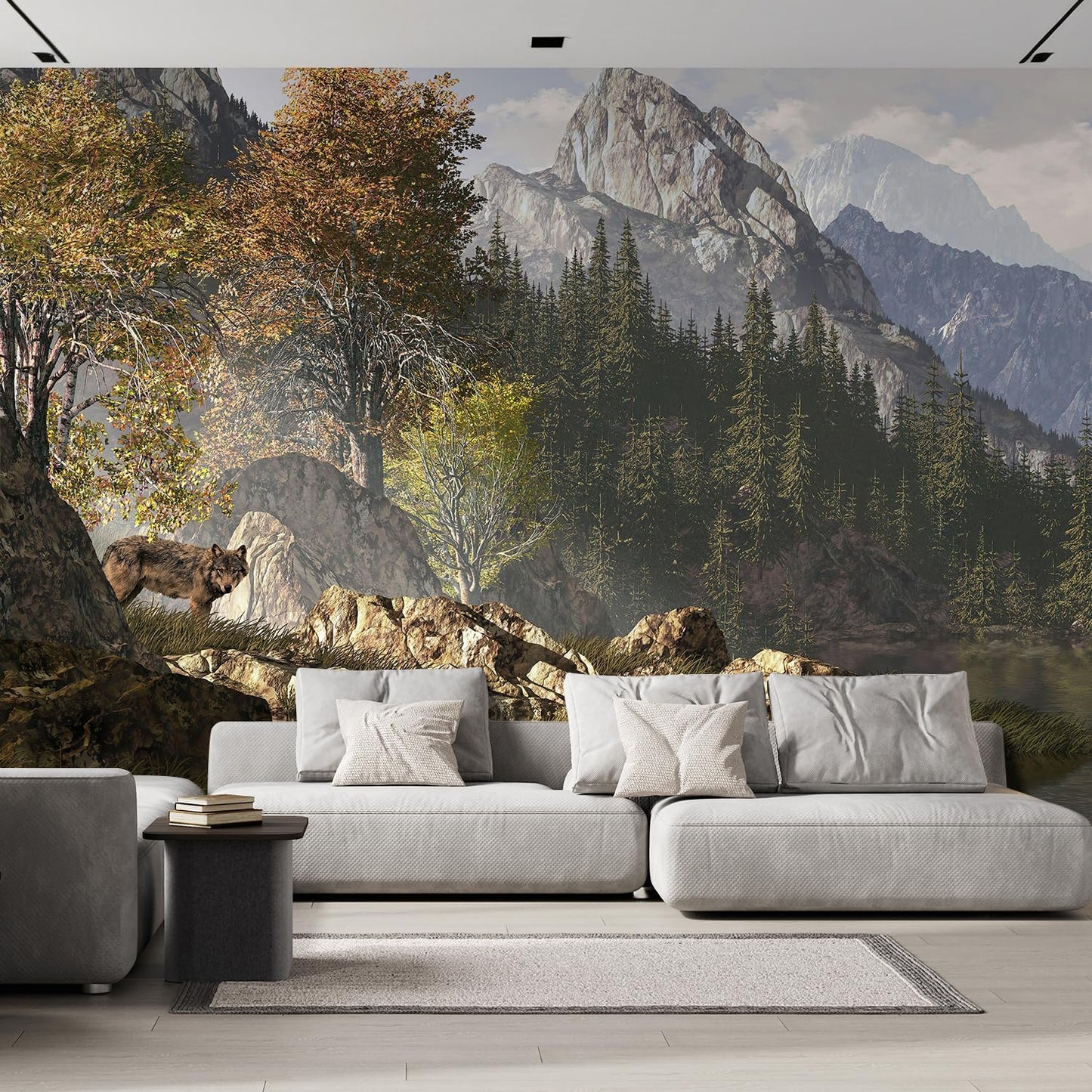 wall26 Wall Sticker/Wall Mural Wolf Near a Lake in a Rocky Mountain Landscape, Not Peel and Stick, Non-Woven Wallpaper Decorative for Bedroom, Living Room, Office - 120x168 inches