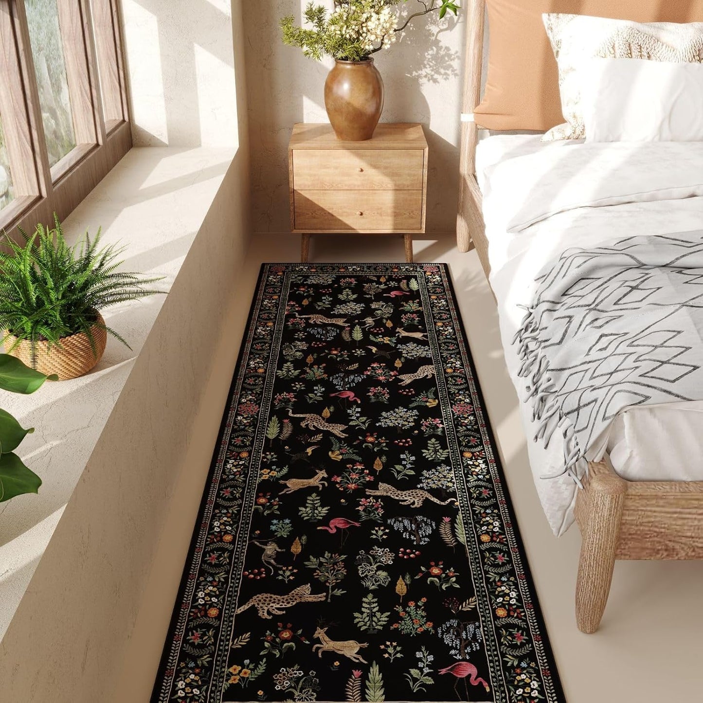 Rugcomf Runner Rug for Kitchen Rug Non Slip 2'6''x8' Washable Rugs with Rubber Backing Soft Floral Animal Carpet Runner for Kitchen, Laundry, Bedroom, Bathroom (Black)