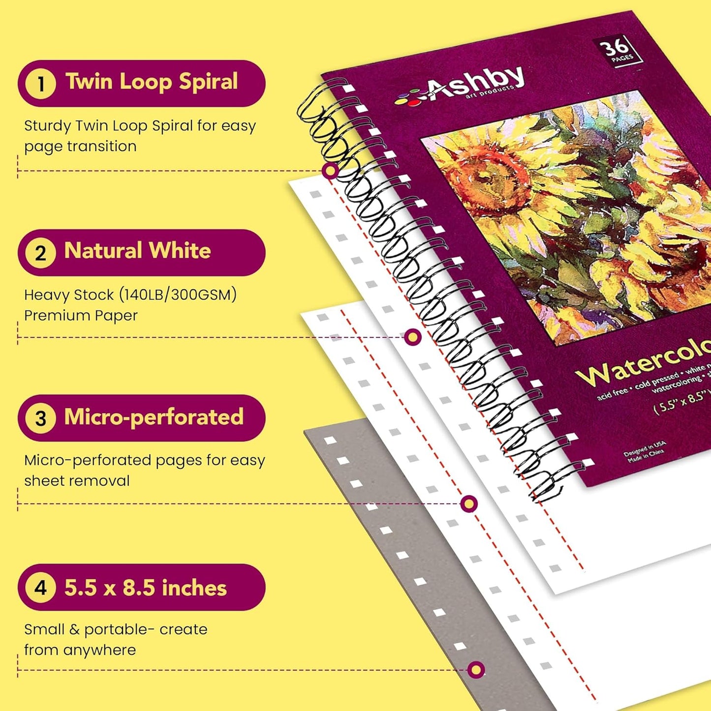 Ashby - Watercolor Paper Pads (5.5" x 8.5") - Pack of 3 (108 Total Sheets) - 140lb (300 GSM) Spiral Bound Notebook, Acid-Free, Cold Press - Ideal for Most Wet & Dry Media, Journaling and Drawing