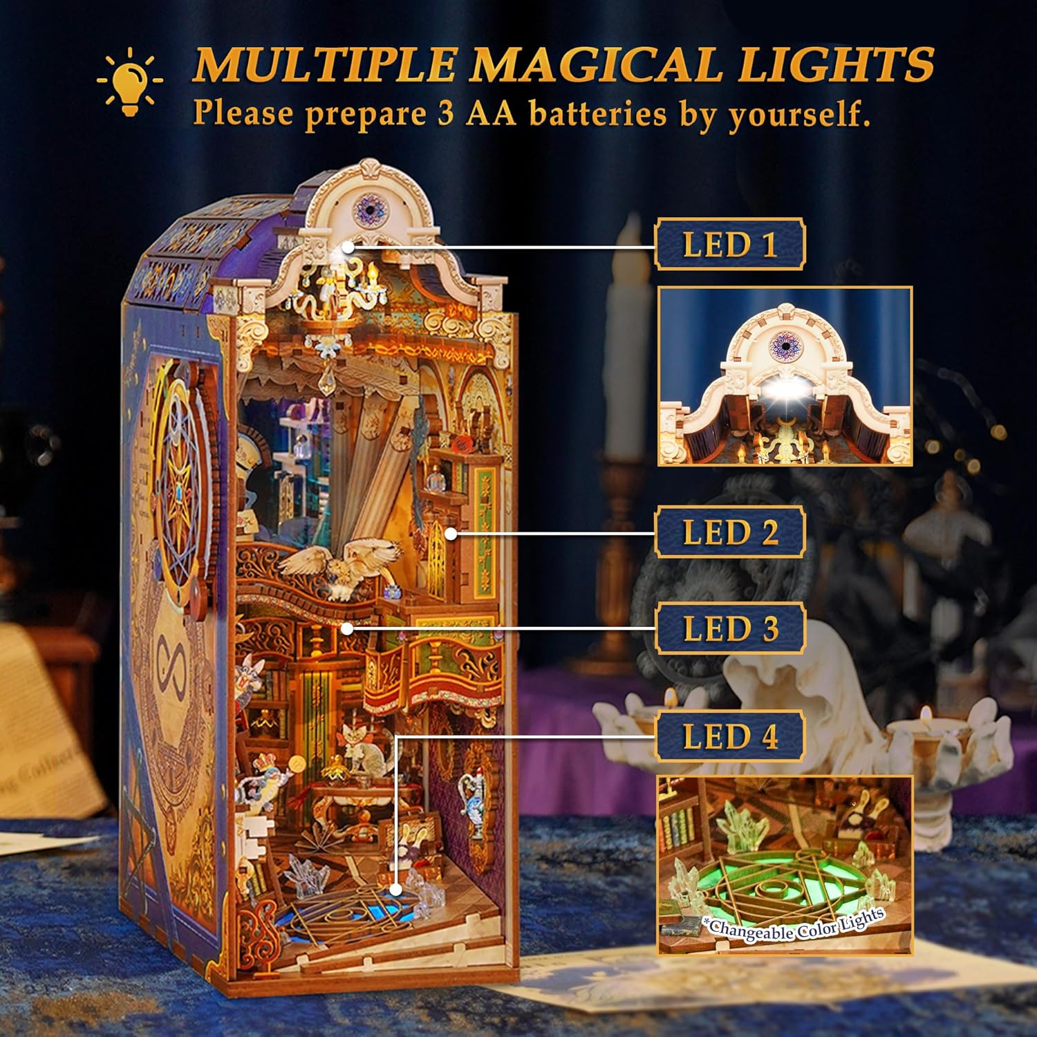 Tonecheer DIY Book Nook Kit for Adults, 3D Wooden Puzzle Bookend Miniature House Kit, Booknook Bookshelf Insert Decor with Dust Cover and LED Lights Gifts (Magical Library)