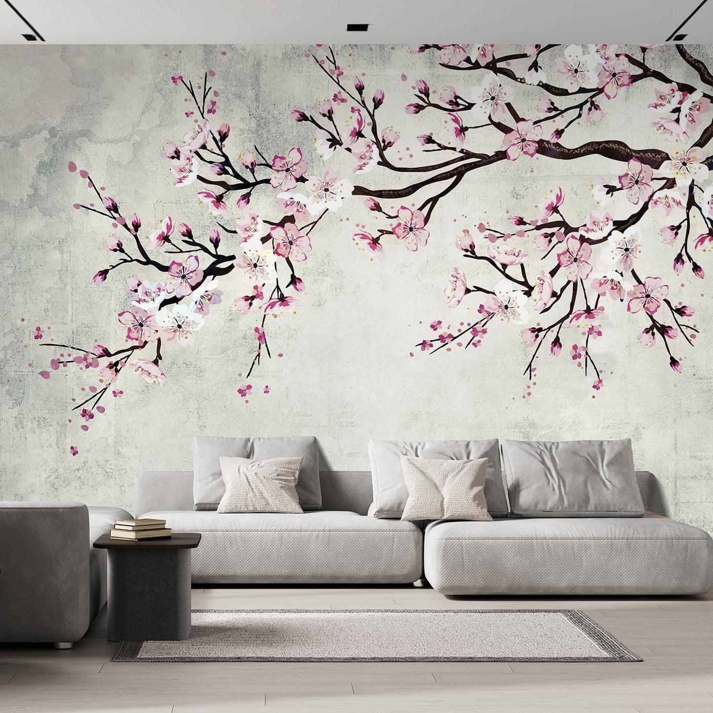 wall26 Large Wall Mural Watercolor Style Ink Painting Pink Cherry Blossom on Vintage Wall Background | Self- 132x192 inchesAdhesive Vinyl Wallpaper/Removable Modern Wall Decor - 132x192 inches