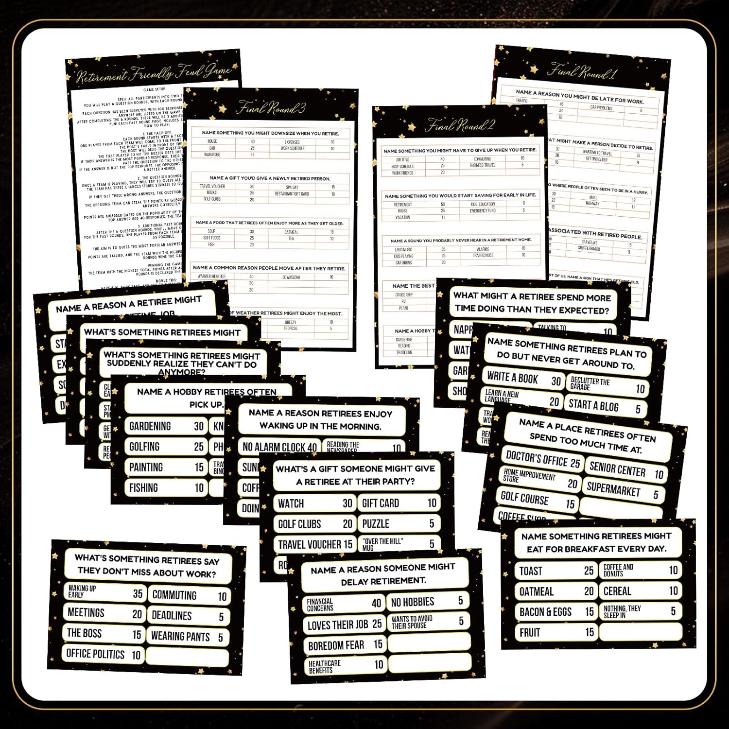 20 Pcs Retirement Friendly Feud Game Set Retirement Party Game Trivia Quiz with 18 Card 2 Buzzer for Adults Family Games Activities Party Supplies, Battery Not Included