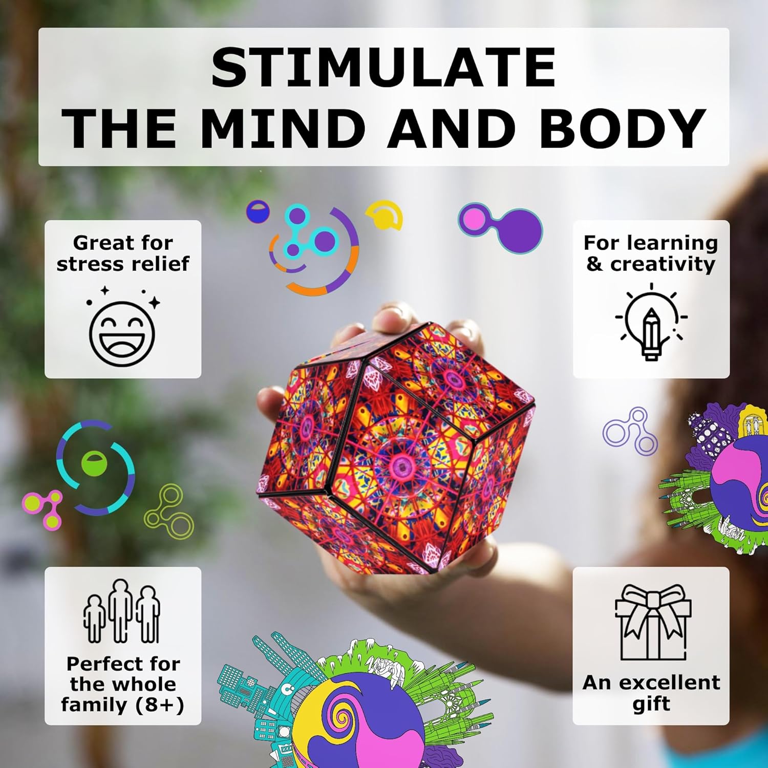 SHASHIBO Shape Shifting Box - Award-Winning Fidget Toy w/ 36 Rare Earth Magnets - Fidget Cube Transforms Into Over 70 Shapes, Sensory Toy Gift for Kids, Teens, and Adults (QDOT Map)