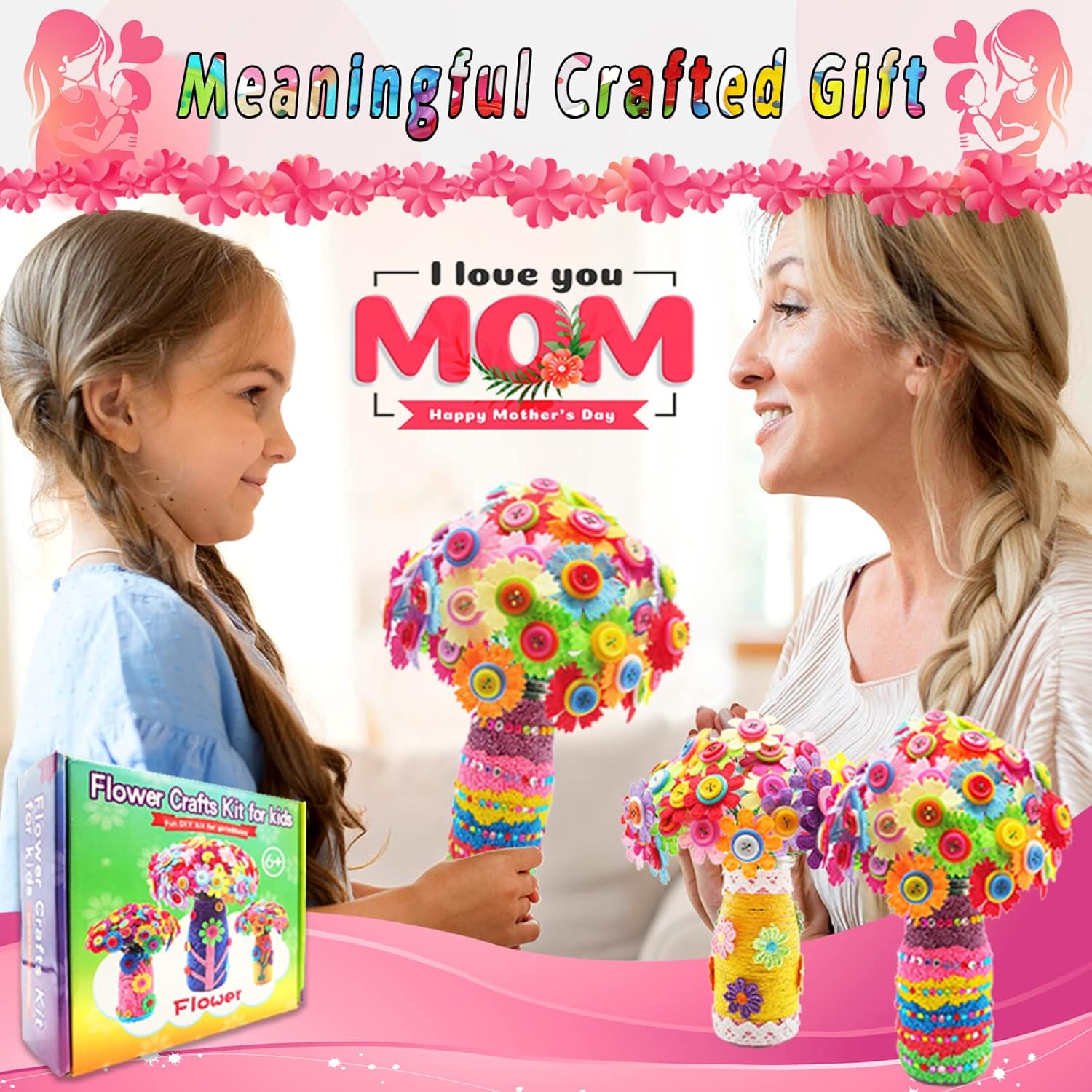 7july Crafts for Girls Ages 6-10 Make Your Own Flower Bouquet with Buttons and Felt Flowers, Vase Art and Craft for Children - DIY Activity Christmas Birthday Gift for Girls Age 6 7 8 9 10 Year Old