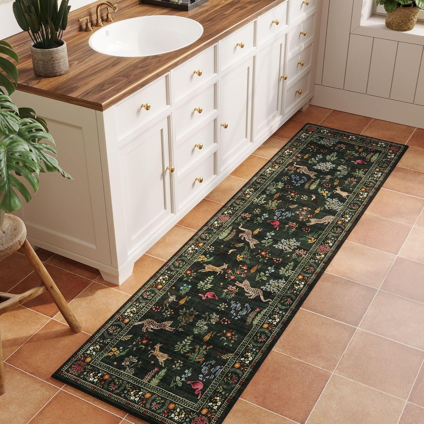 Rugcomf Runner Rug for Kitchen Rug Non Slip 2'x6' Washable Rugs with Rubber Backing Soft Floral Animal Carpet Runner for Kitchen, Laundry, Bedroom, Bathroom (Green)
