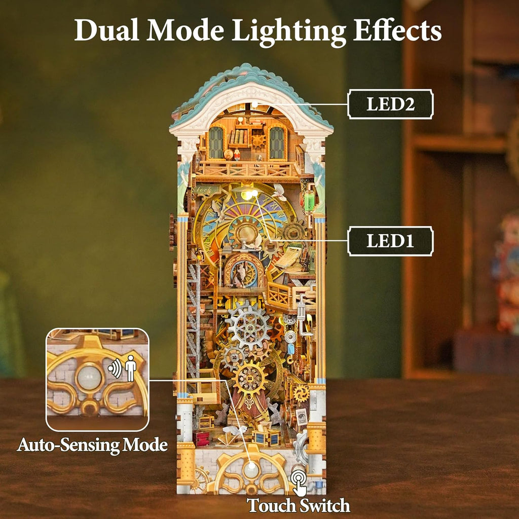 Tonecheer DIY Book Nook Kit for Adults, 3D Wooden Puzzle Bookend Miniature House Kit, Booknook Bookshelf Insert Decor with Dust Cover and LED Lights Gifts (Clock Tower)