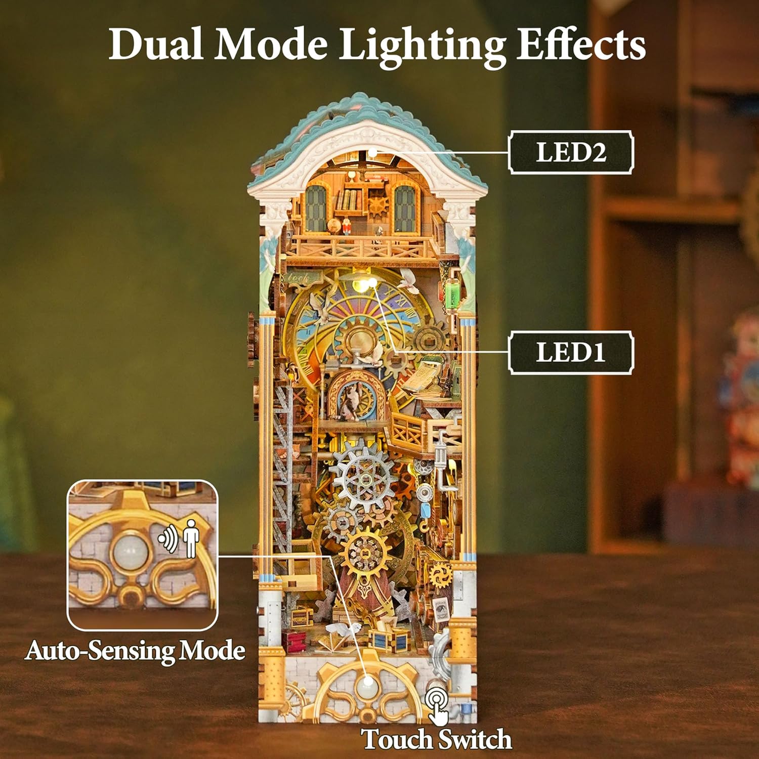 Tonecheer DIY Book Nook Kit for Adults, 3D Wooden Puzzle Bookend Miniature House Kit, Booknook Bookshelf Insert Decor with Dust Cover and LED Lights Gifts (Clock Tower)