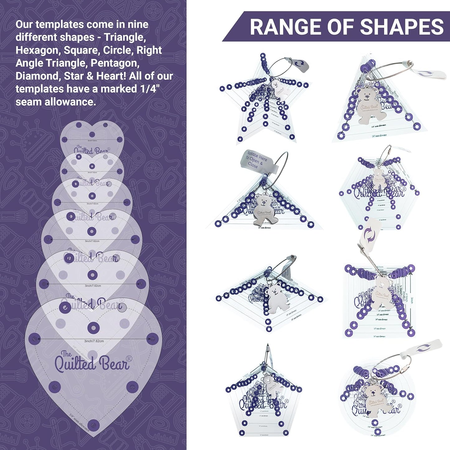 The Quilted Bear Leaf Quilting Templates – 8 Clear Non-Slip Acrylic Quilt Templates for Precise Fabric Cutting & Stress-Free Machine Quilting - Ideal for Quilt & Sewing Supplies (¾–3")