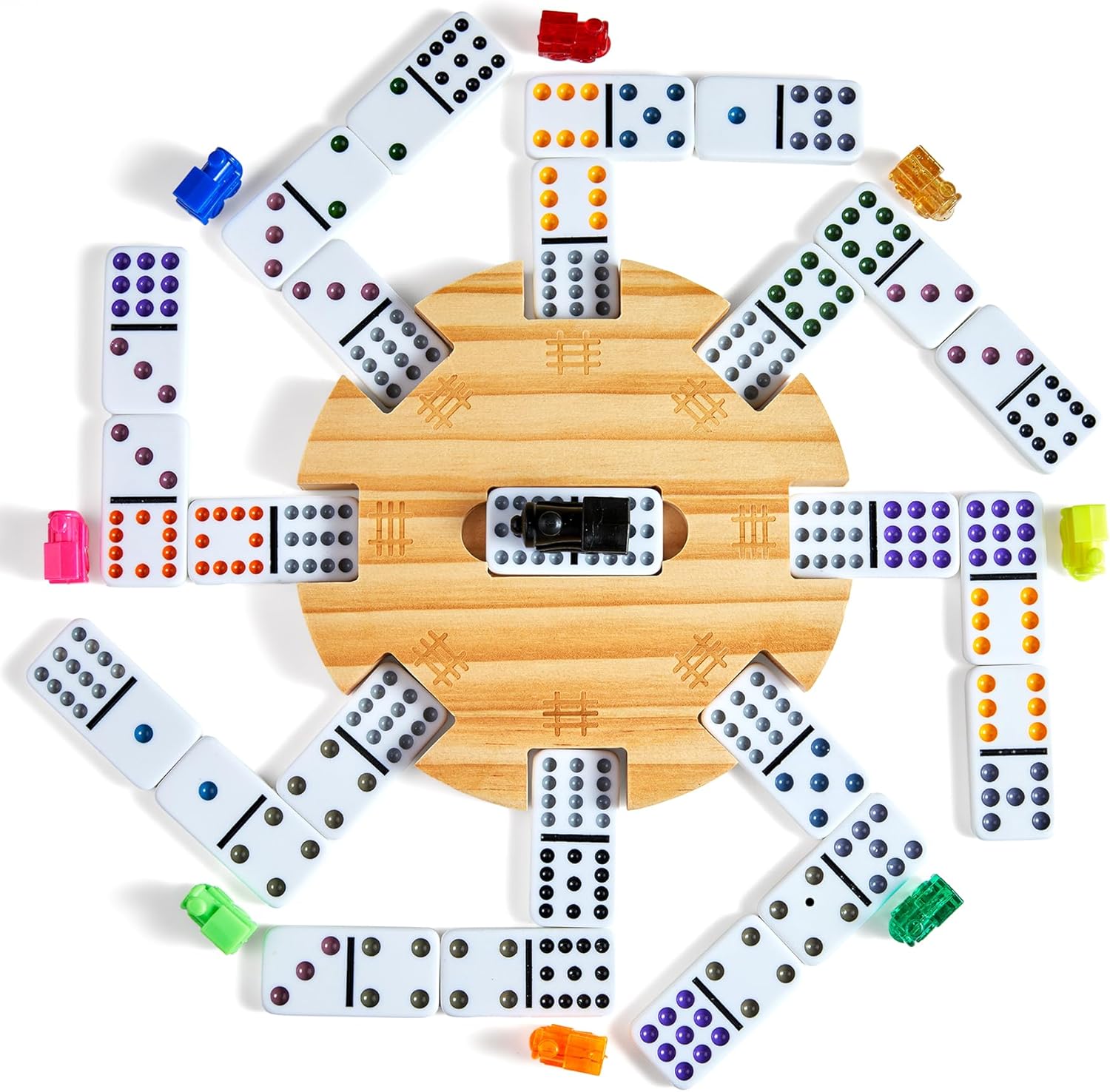 Mexican Train Double 12 Dominoes Set with 4 Wooden Trays/Racks in Portable Carrying Case Colorful 91 Tiles & 9 Trains Board Game for Family Game Night