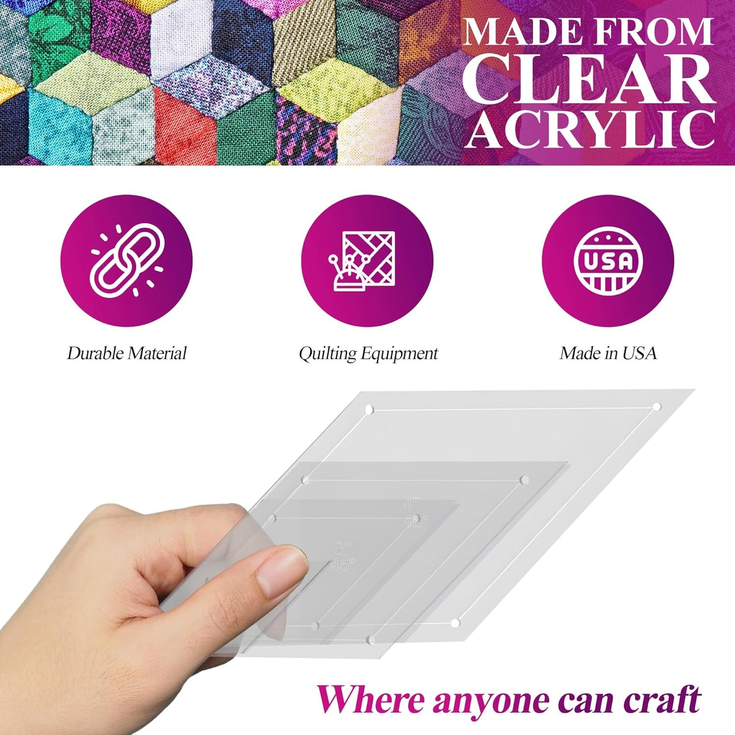 Quilting Acrylic Template Set | Precision Tools for Quilting Enthusiasts | Diamond Design | Includes Sizes 4", 3", 2", 1" | 1/8 Clear Acrylic | 1/4" Seam Allowance for Accuracy