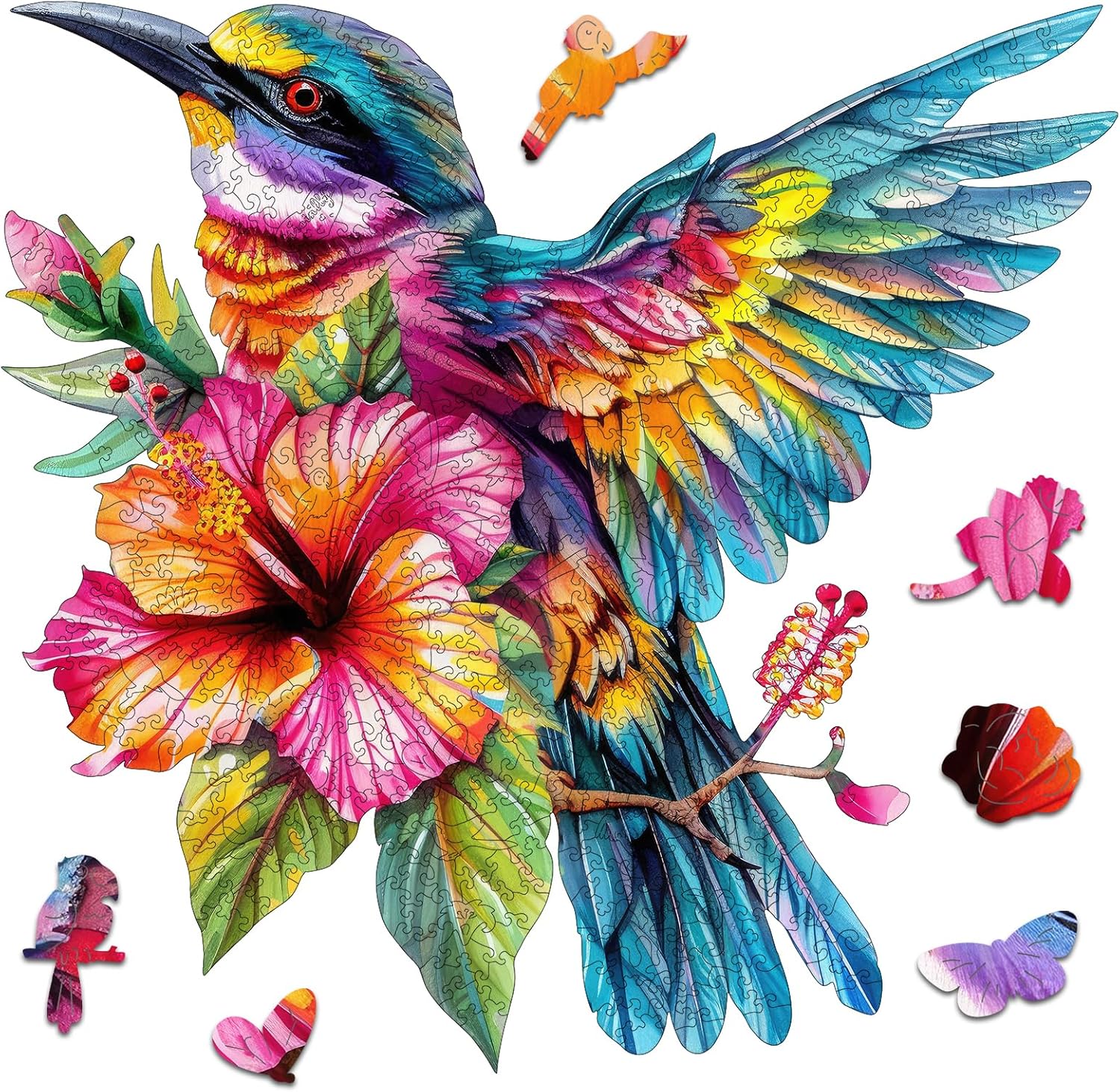 Wooden Puzzle for Adults, Hummingbird Jigsaw Puzzles 200 Piece, Unique Shapes Family Reunion Puzzle for Adults and Kids, Beautiful Package, Best Gift for Family Friends Medium 11.4x11in