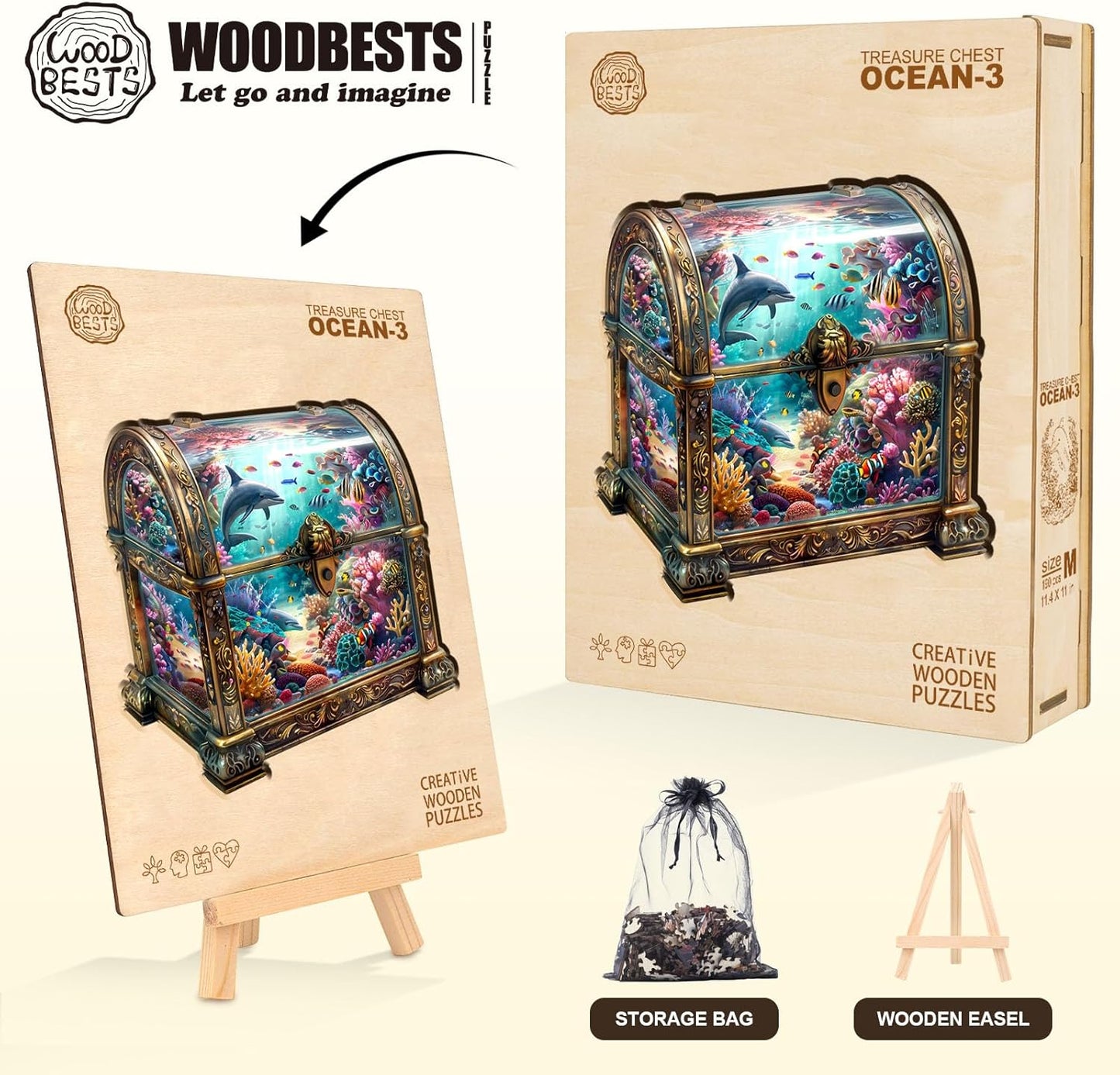 Wooden Puzzles for Adults, Treasure Chest Ocean Wooden Jigsaw Puzzle Unique Shape Animal Wood Puzzles Adult 3D Visual Effect, Birthday Gifts for Puzzle Lovers Family Games (S-8.5 * 8.1in-100pcs)