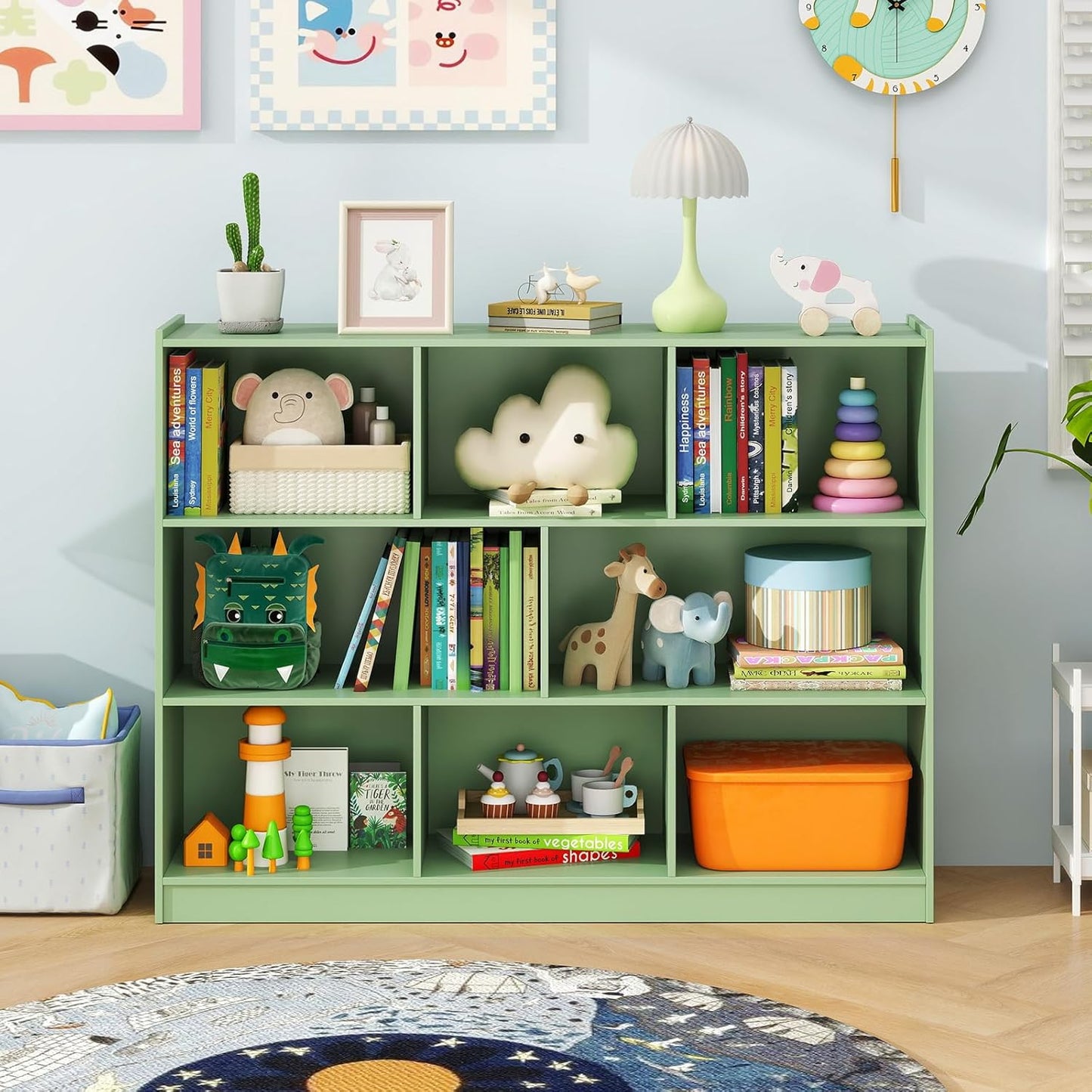 Giantex 8 Cube Bookcase, Freestanding 3-Tier Open Bookshelf, Modern Storage Display Cabinet, Wood Cube Storage Organizer for Living Room, Kid’s Room, Mint Green