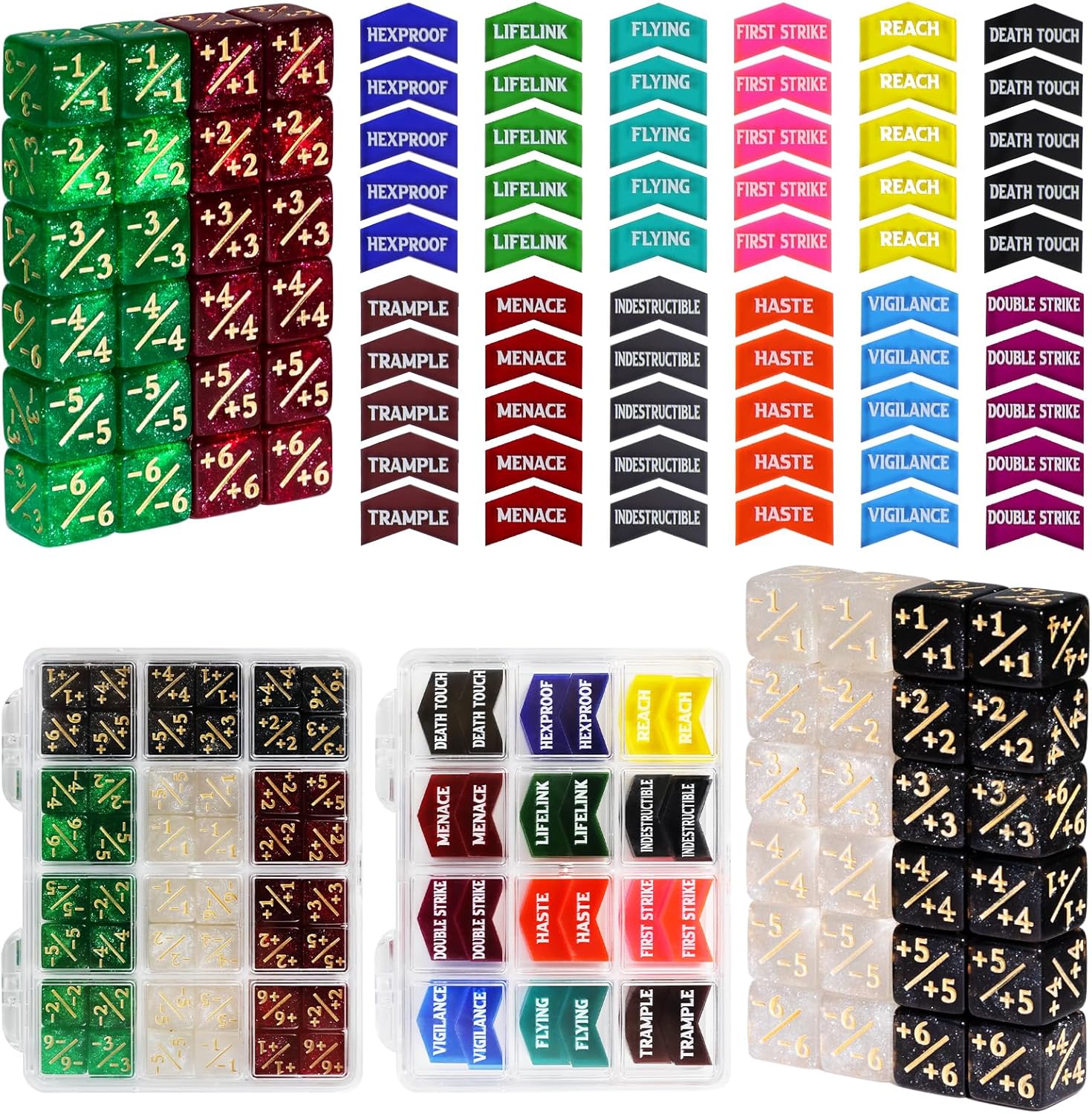 108PCS MTG Keyword Tokens & 12mm MTG Life Counter Dice Set for Magic Card, CCG Creature Stats Loyalty Dice with Box, Magic TCG Card Game Accessories