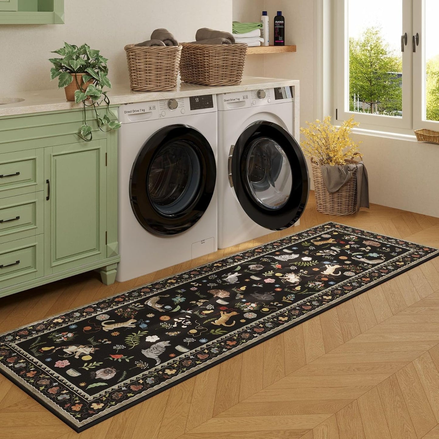 Rugcomf Runner Rug for Kitchen Non Slip 2'6''x8' Washable Rugs with Rubber Backing Soft Floral Animal Cat Carpet Runner for Kitchen Laundry Bedroom Bathroom, Black