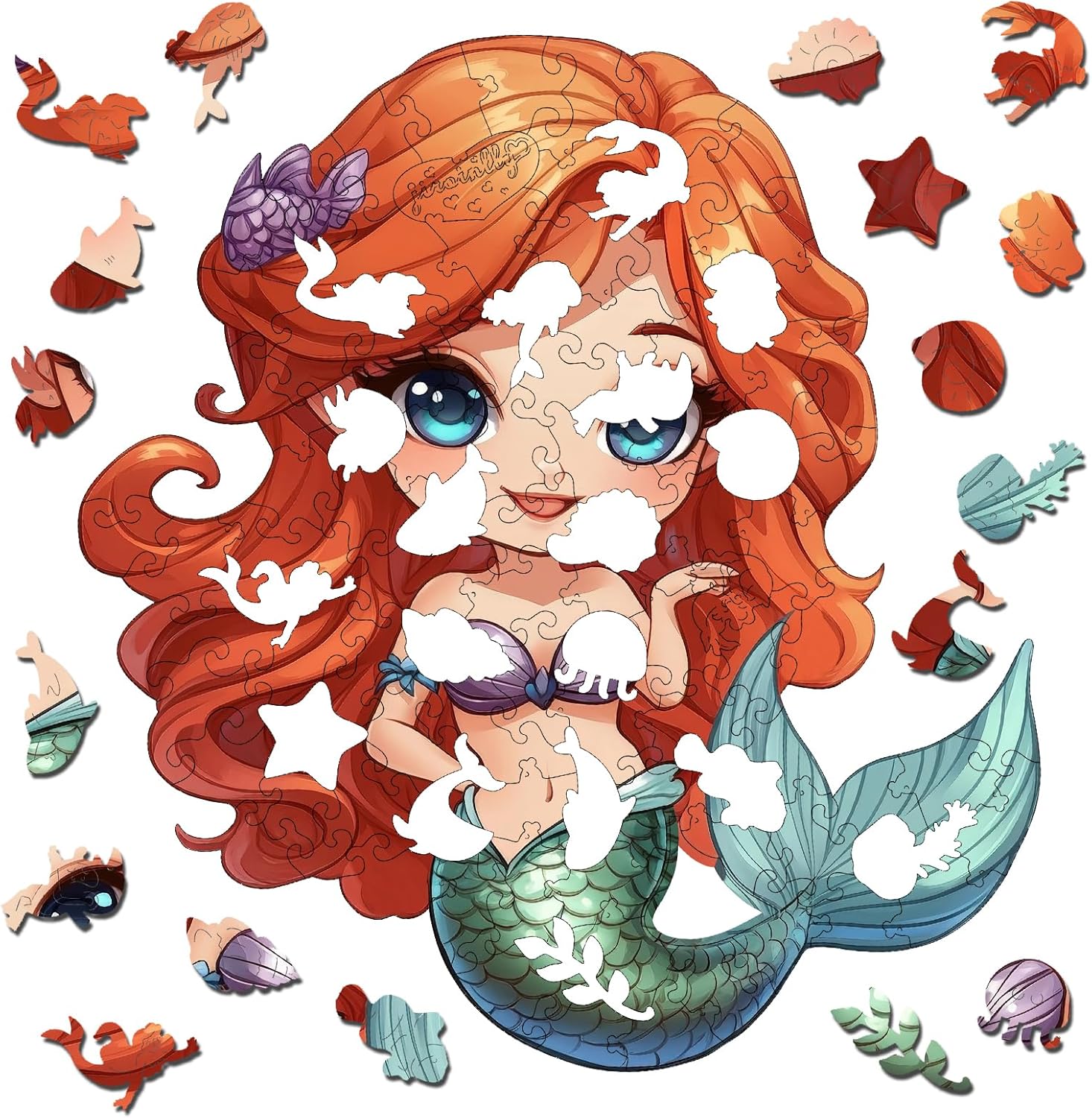 Wooden Puzzles for Adult and Kids, 100 Pieces Ocean Puzzle, Unique Shaped Mermaid Wooden Preschool Puzzle, Toddler Wooden Puzzle Toy Gift for Family and Friends, Suitable for Family Games