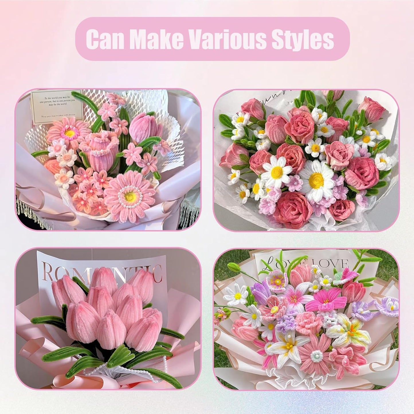 400 Pcs Pipe Cleaners Craft Set, 4 Assorted Pink Pipe Cleaners Bulk, Chenille Stems for DIY Flower Making Kit with Floral Stems, Gardening Tape, Stamen, Ribbon for DIY Bouquet Gift (Pink)