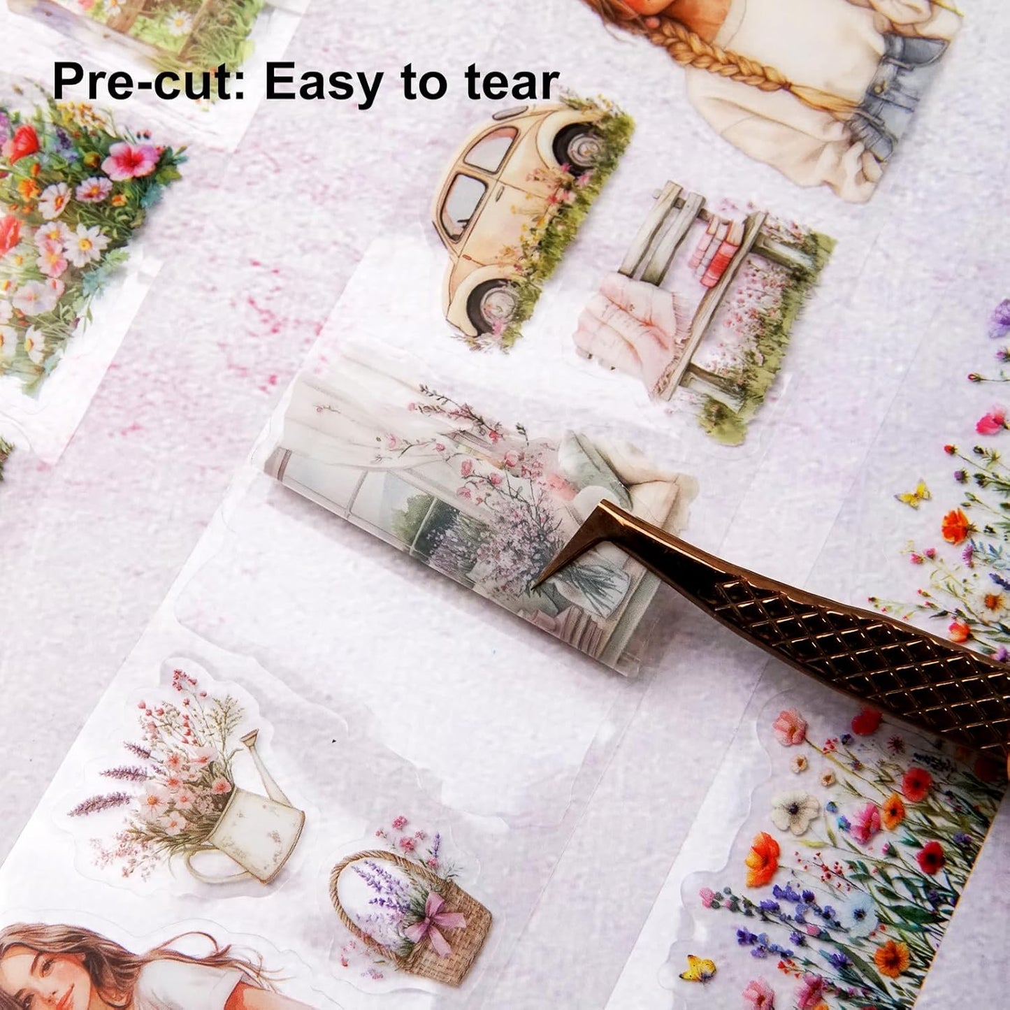 Spring Garden PET Tape Set, 3 Rolls Pre-Cut Wildflower Stickers for Scrapbooking, Journaling, DIY Crafts, and Collage Art (30 mm/50 mm/55 mm)