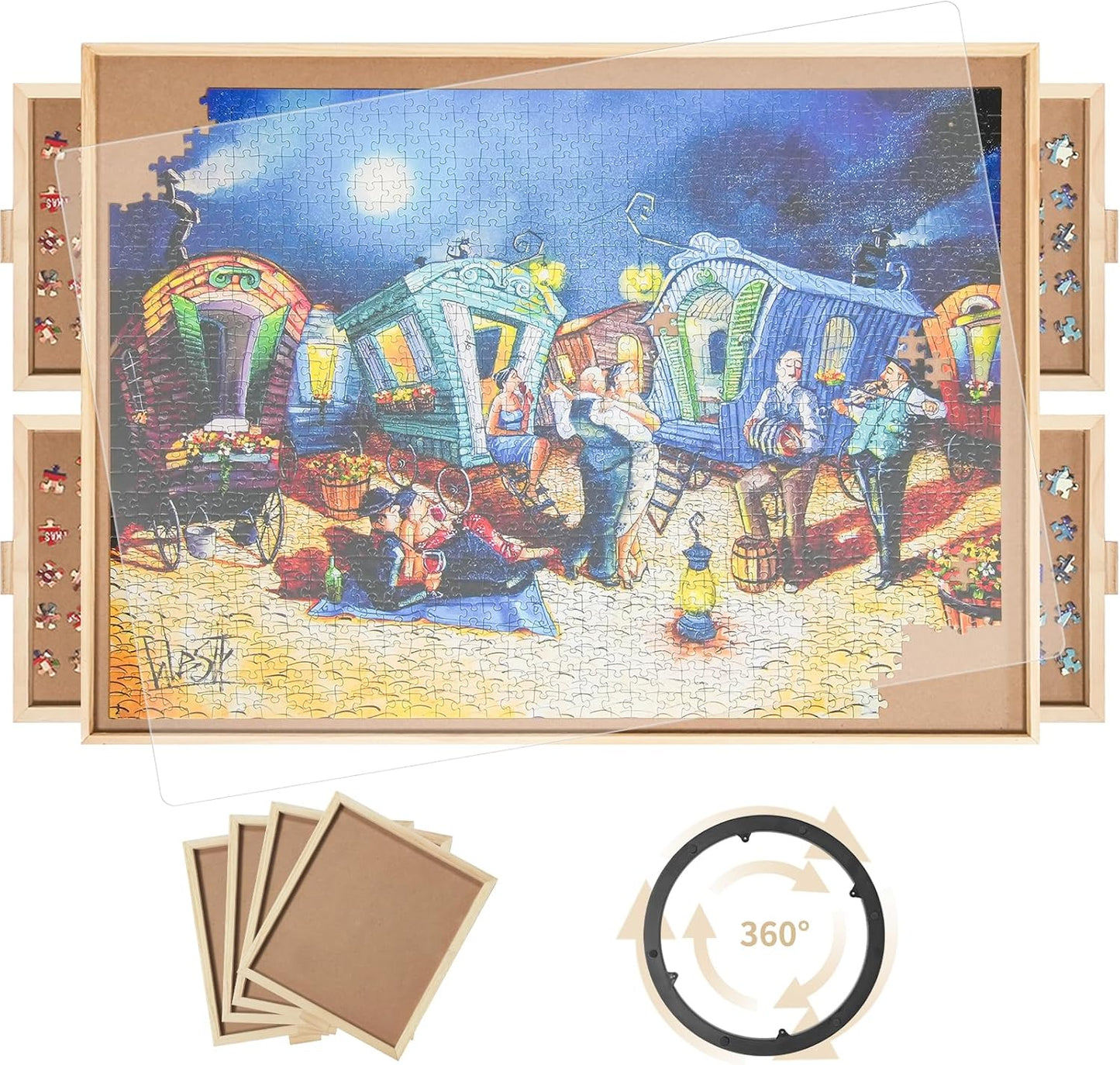 1500 Pieces Rotating Puzzle Board with 4 Drawers,34.25"x25.2" Portable Wooden Jigsaw Puzzle Table with Lazy Susan Spinning Cover for Adults
