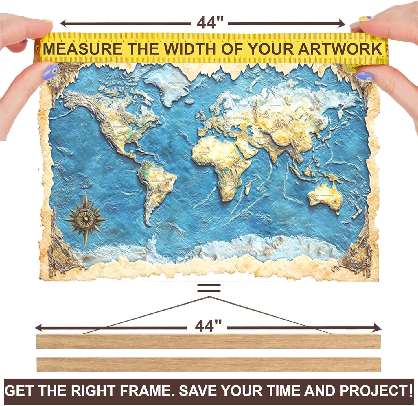 DACRI HOME 44" Magnetic Poster Hanger Frame - Sturdy Teak Wood Poster Frame, Strong Magnets for Safe Hanging Map Picture Print Scroll Wall Art 44x18 44x24 44x34 (44 Inch, Natural Wood)
