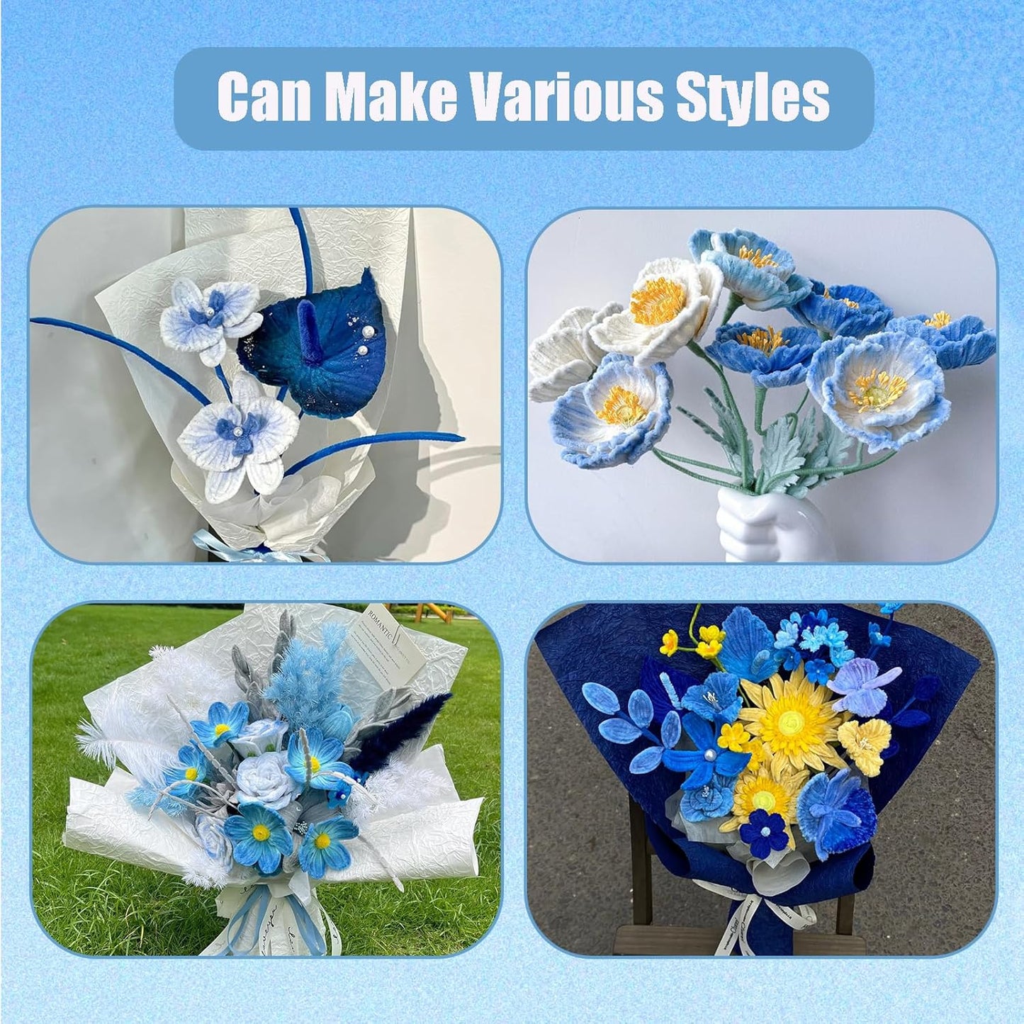 400 Pcs Pipe Cleaners Craft Set, 4 Assorted Blue Pipe Cleaners Bulk, Chenille Stems for DIY Flower Making Kit with Floral Stems, Gardening Tape, Pearl, Ribbon for DIY Bouquet Gift (Blue)